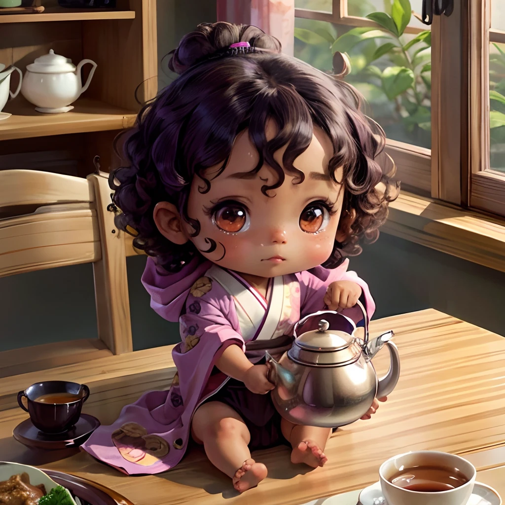 Cute brown skinned chibi anime, with freckles,purple and pink kimono, sit in the tea pot, drink tea, curly black hair, in a frame, full body