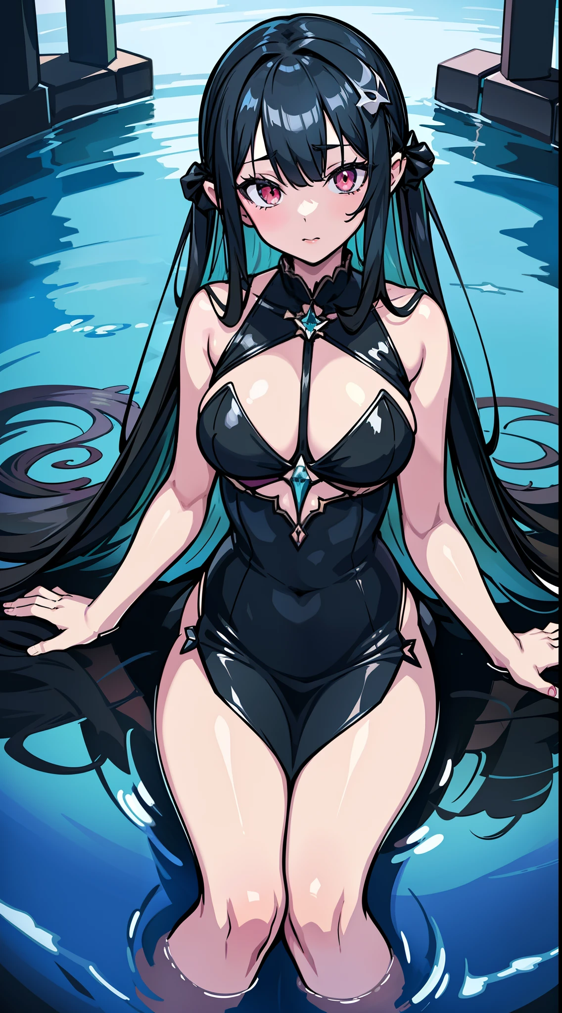 anime girl in a black dress swimming in a pool of water, trending on artstation pixiv, pixiv, seductive anime girl, pixiv 3dcg, fine details. anime. tentacles, zerochan art, digital art on pixiv, top rated on pixiv, 2 b, 2b, at pixiv