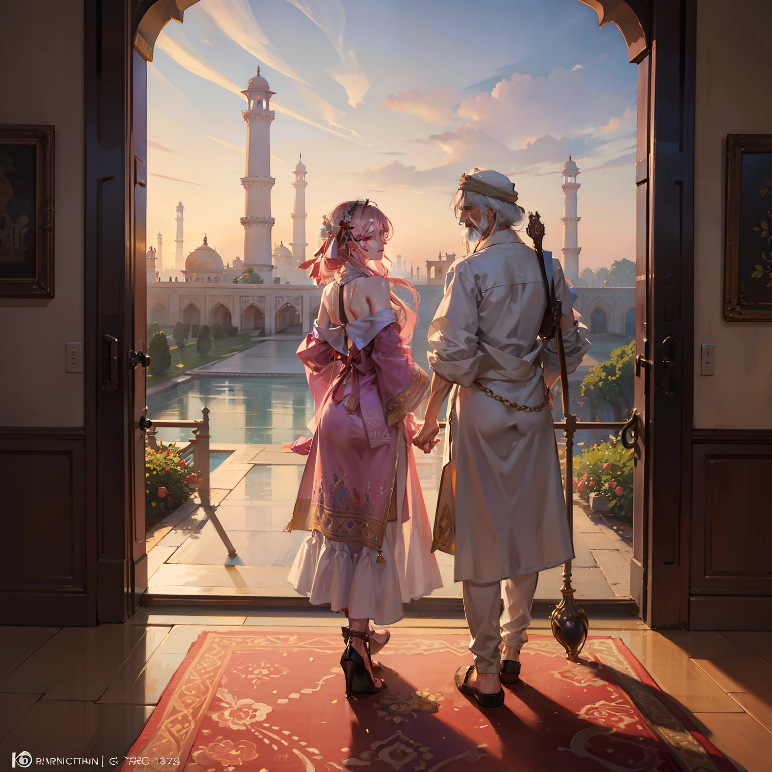 arafed Taj Mahal in India, relaxing concept art, exterior background art, rpg maker style Taj Mahal, anime background art, epic Taj Mahal concept, light pink roses decoration, 8 k quality detailed art, trending on artstation pixiv, magical atmosphere + masterpiece, Taj Mahal, Taj Mahal of ruina concept art, dreamy atmosphere, only Taj Mahal, no people, no one, nobody