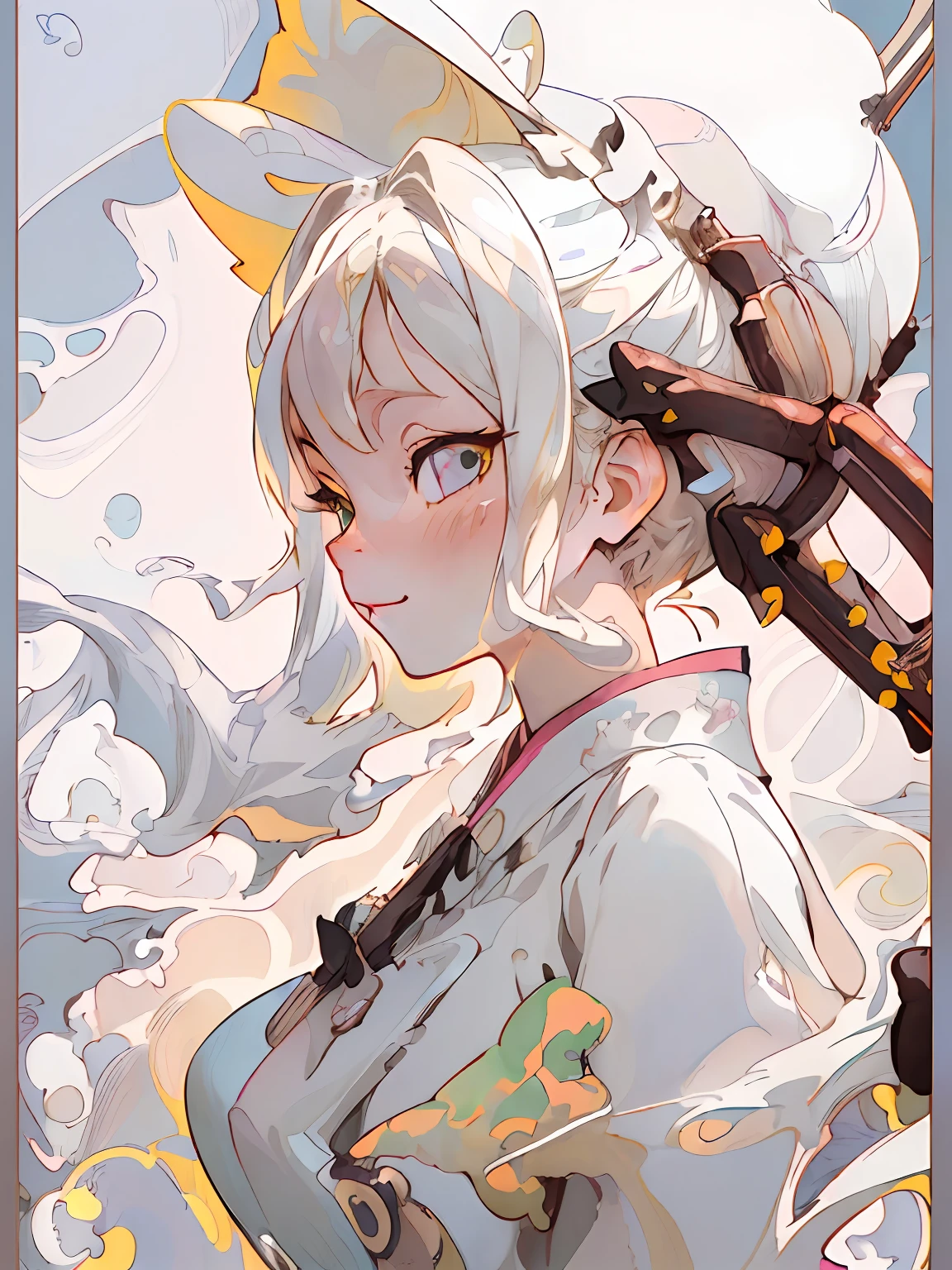 ((((masuter piece、top-quality、a blond、bionde、de pele branca、profile、A charming expression、Great look、look at a camera、Yellow detective hat、Brown and white detective clothes、an anime girl))))、Yellow hair、pigtails hair、Green eyes、(((((White skin))))),((ssmile))、Realistic skin type、an anime girl、Clean lashes、Detailed Digital Anime Art、A seductive anime girl、extremely detailed art germ、Smooth Anime CG Art、ig model、ArtGerm、photo-realistic anime girl、digital anime art, Lori