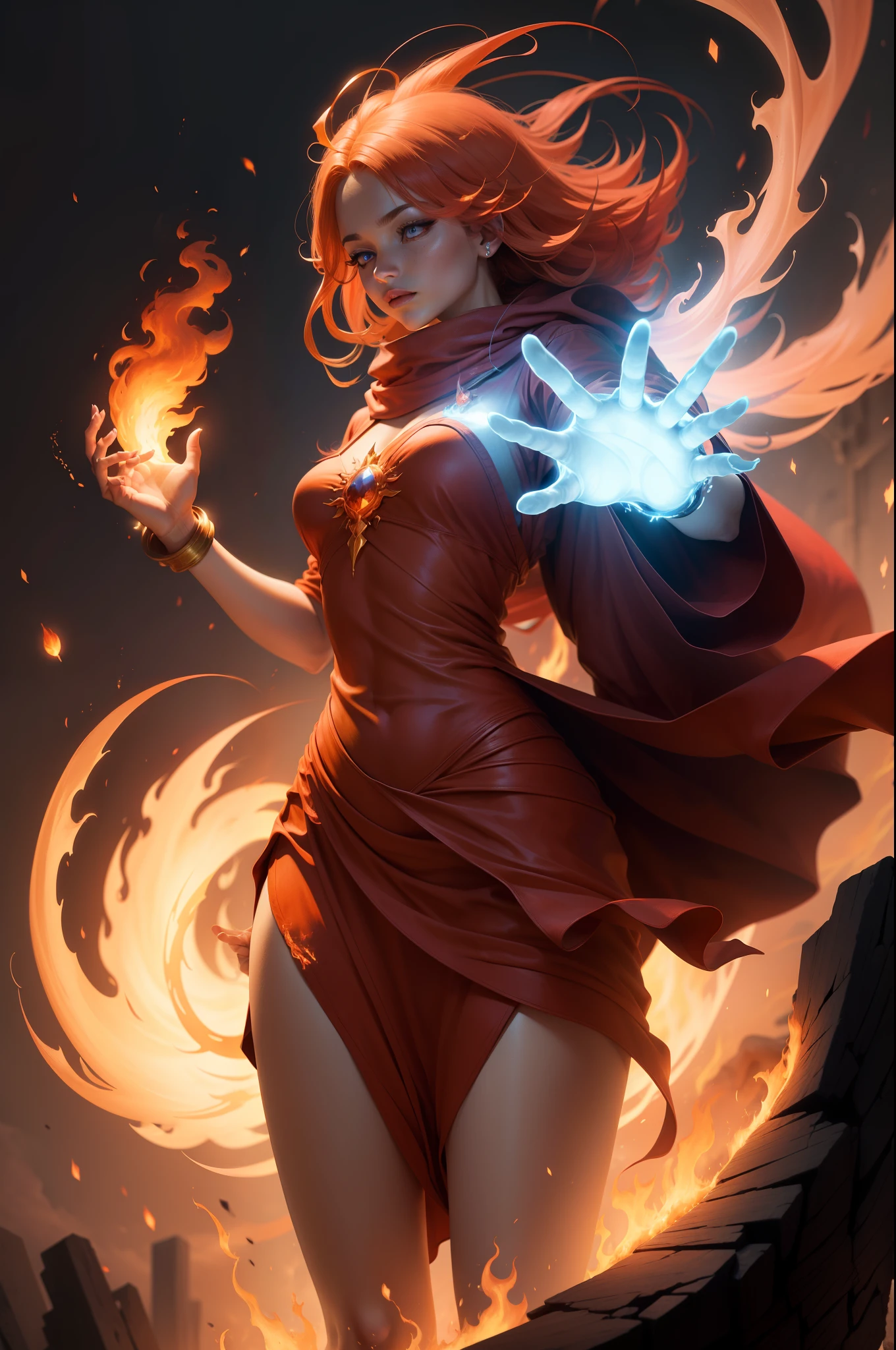 girl,, european, dark red hair, fire mage, magical dress and cloack, fire magic, manipulates flames,dominant pose,topless, exposed breasts, naked breasts, small breasts,vibrant appearance, creative behavior, imaginative, sensual, spontaneous, highest quality, skin texture, intricate details, (cinematic lighting), RAW photo, 8k