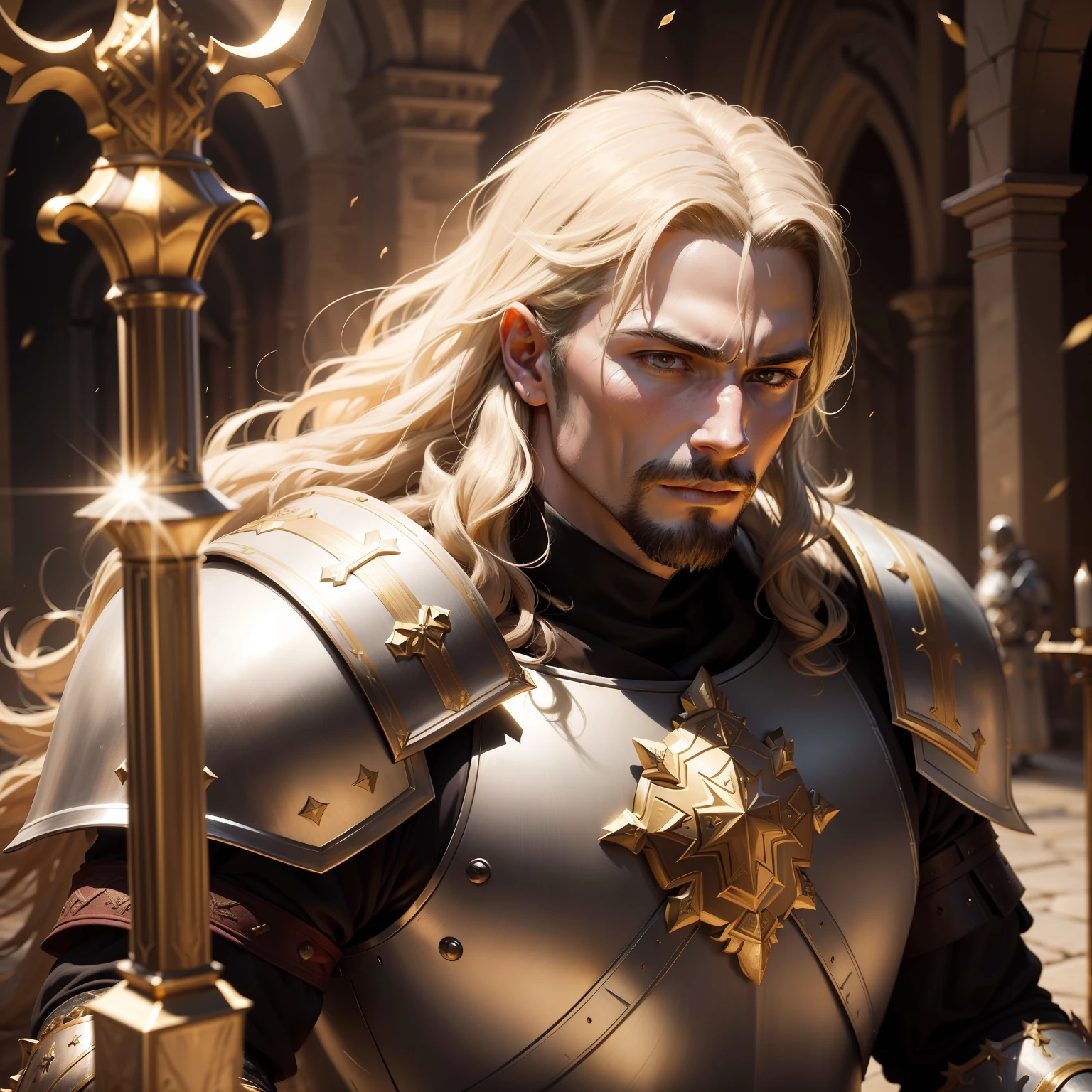 Highly detailed portrait of a royal knight,Heavy armor,epee,big sword,Cross sword,sword,golden colored,holy rays,god light,medieval times,Noble,setia,Solemn,epic fantasy digital art,devout,tmasterpiece,8K,high definition resolution,Detailed detail drawing,high qulity