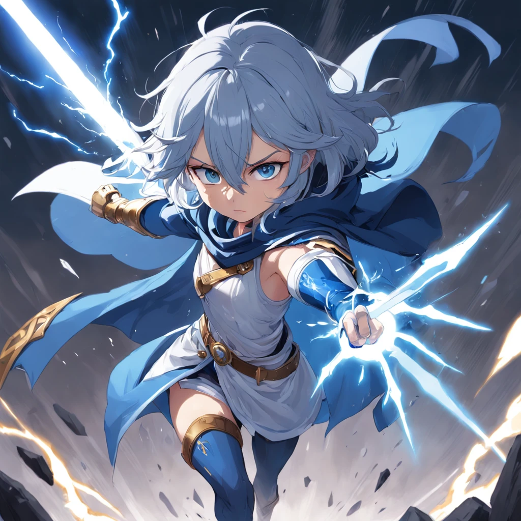 18year old, Right eye is blue, Left eye is black, Different eye colors, Dagger in left hand, The power of lightning in the dagger,Gauntlet on right arm, The Gauntlet Has the Power of the Wind,blue cloak, Blue muffler, White shirt under blue cloak, white short pants, thighs thighs thighs thighs, Pommel boots, Light clothing with an emphasis on speed、 A dark-haired, shinny hair, Pupil mismatch, Scleral mismatch, chromatic abberation, negative space, Tachie, 85mm, Canon, UHD, masterpiece, tre anatomically correct, Skin texture, super detailing, high détails, hightquality, awardwinning, top-quality, hight resolution, 8k, HD