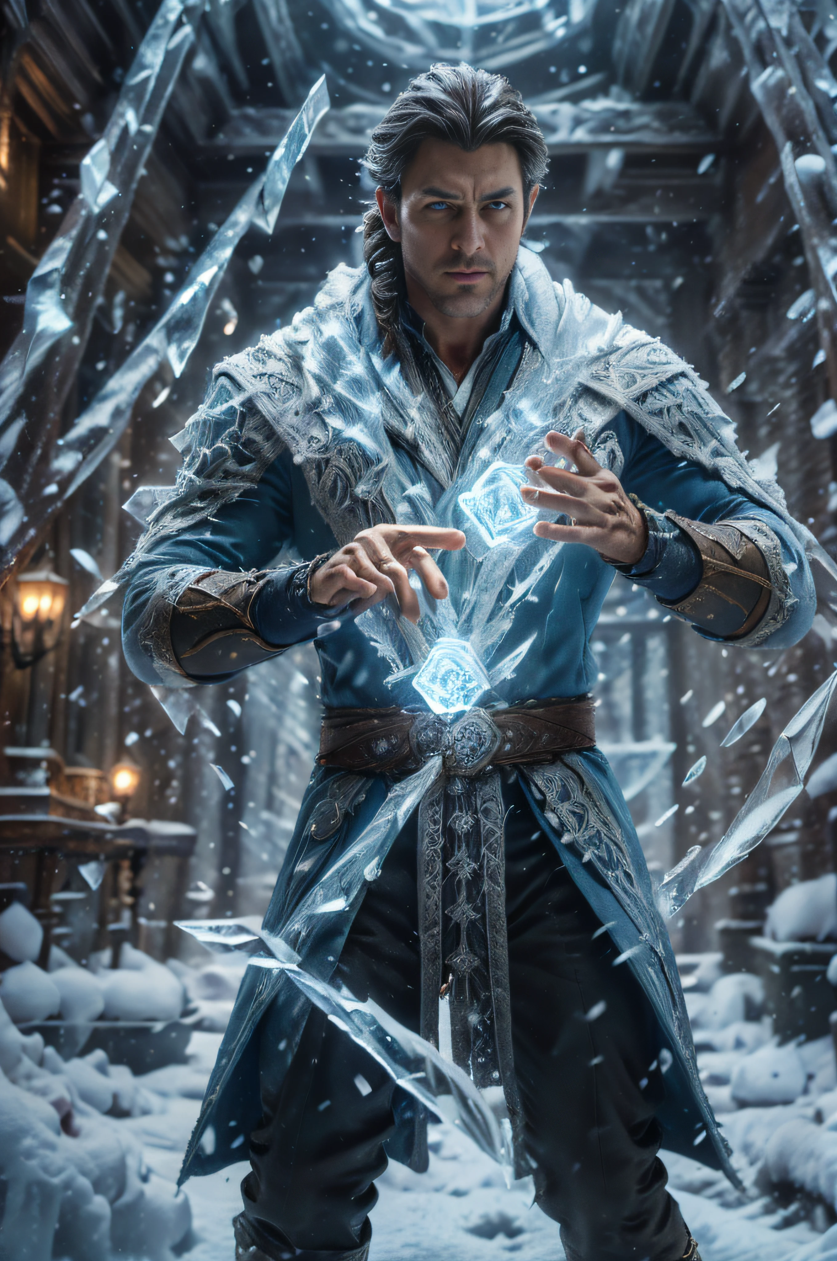 realistic, ((masterpiece)), ((best quality)), (detailed), cinematic, dynamic lighting, soft shadow, detailed background, professional photography, depth of field, intricate, detailed face, subsurface scattering, realistic hair, realistic eyes, muscular, manly, photo of a handsome man, ice-shard, snow, magic, dynamic pose, indoors, cape, braid hair,