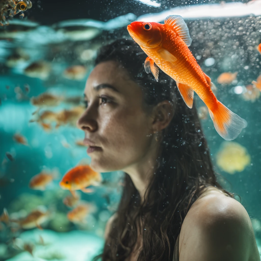 (Adult Spanish woman:1.6), (round aquarium on head (goldfish in aquarium):1.3)), (polyvinyl Jacket With Rivets:1.3), best quality, sunlight, detailed face, gorgeous eyes, realistic skin details, high quality, seen from below, romantic, high quality, film grain, Cinematic Light, sidelighting, sharp focus