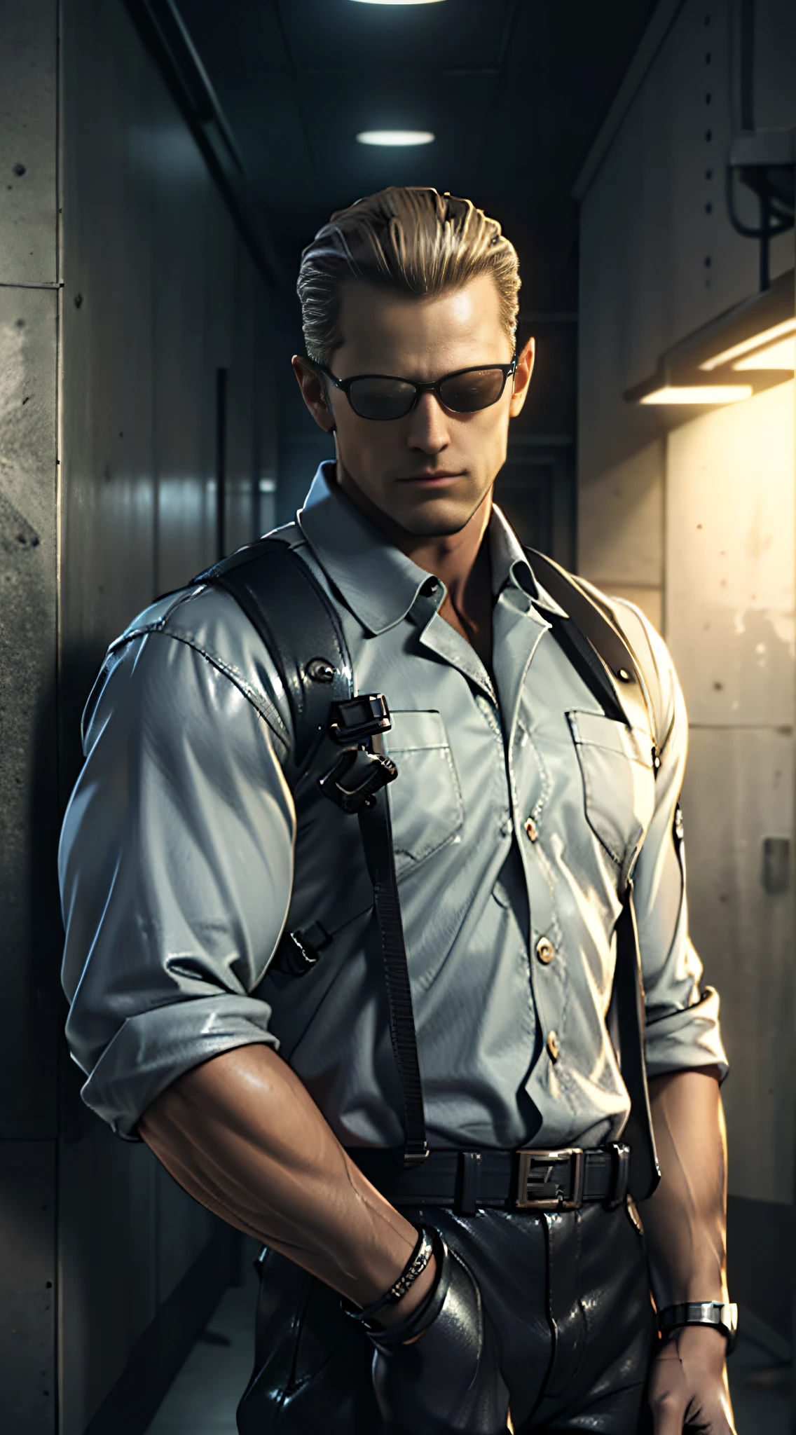 1 man, solo, Albert Wesker (Resident Evil 4 remake), lean muscle male, really tall, wearing a dark blue shirt, brown leather shoulder holster, wearing elegant sunglasses, grey trousers, viewer looking, straight posture, cold face, middle aged, standing in a white hallway, night time, high quality, solo, single male, male focus, upper body shot, best quality, high resolution:1.5, masterpiece