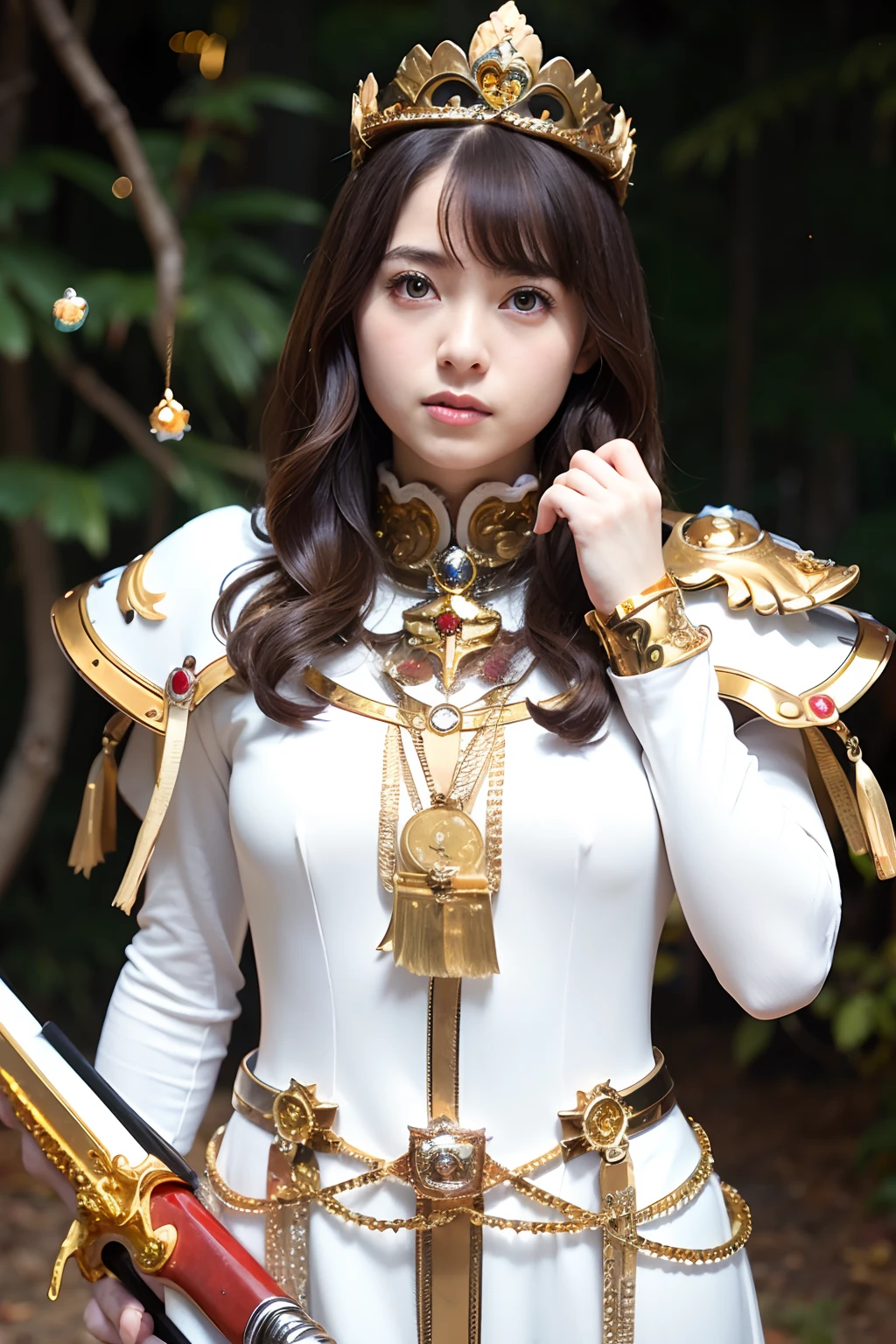 (masutepiece), Professional , masterpiece、top-quality、photos realistic , depth of fields (Gemstone Silver Metal Body:1.9),(Matte White、 Gold Weapon_(Metal:1.4),Gorgeous metal weapons , Detailed Sword of the Brave , Beautiful knife ,warhammer 40k , adepta sororitas,Detail and ornate jewel crown、Brown hair、Gangle's forest background、Beautiful Caucasian beauty、1a person、dynamic ungle,(((Detailed and ornate diamond crown)))、Particles of light、