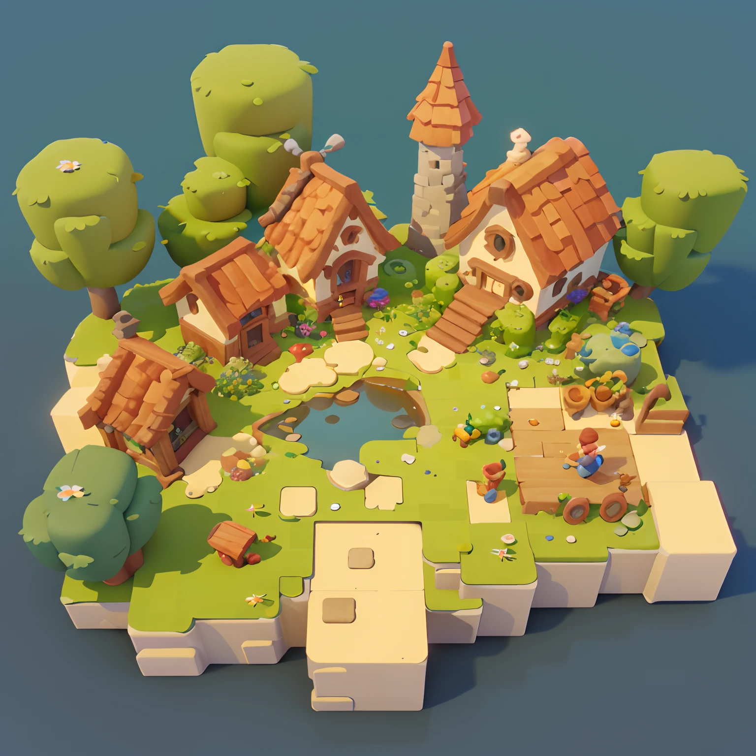 Game architecture design, cartoon, farm, stone, brick, grass, river, flowers, vegetables, wheat, trees, animals, casual play style, 3d, blender, masterpiece, super detail, best quality