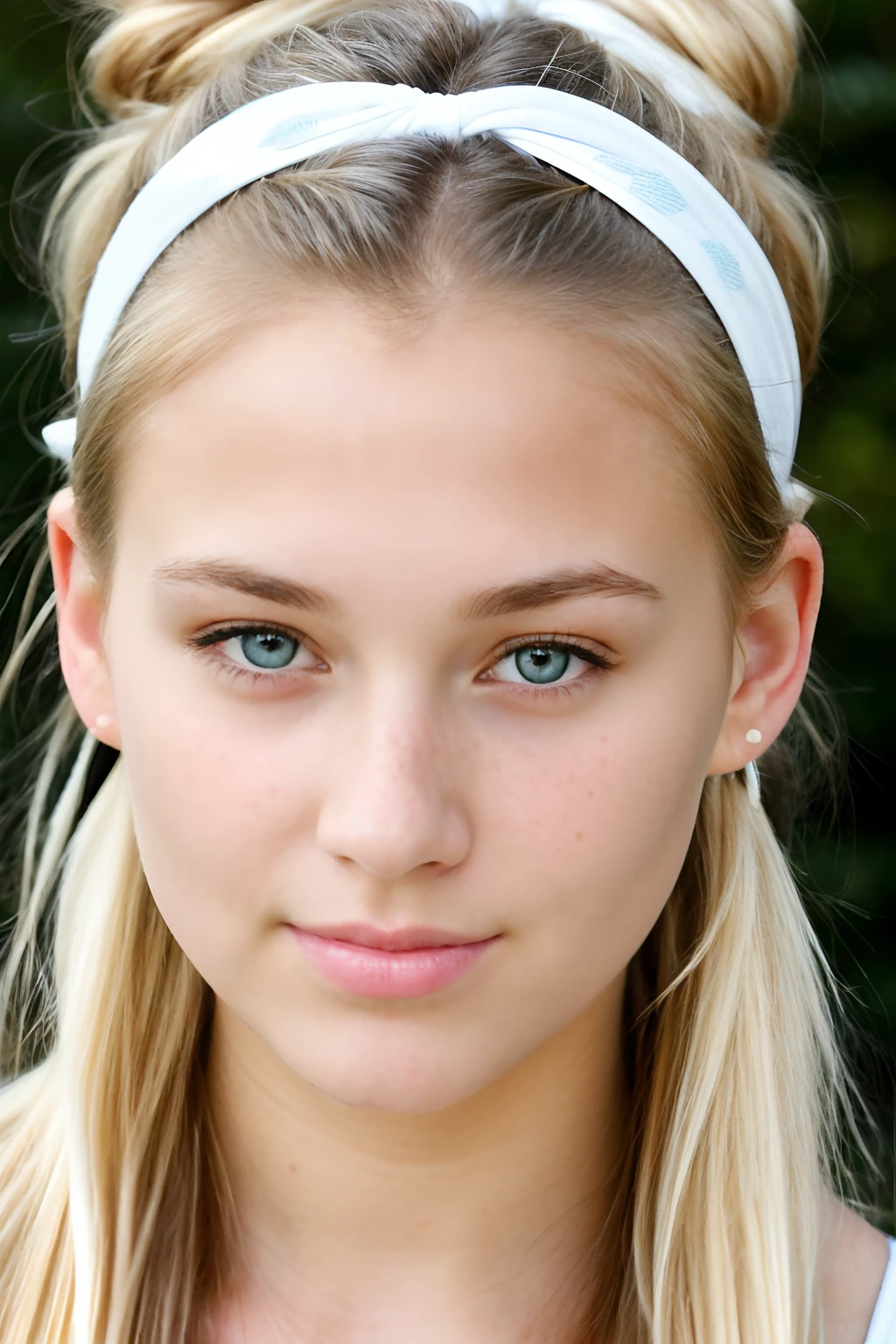 (face close-up),(frontal close-up of face), 17-year-old girl, (angelic face),(long straight hair), (hair tied into a high bun) (baring ears), (baring ears), (blonde hair) , (blue eyes), (some freckles); (headband on forehead),(white headband)