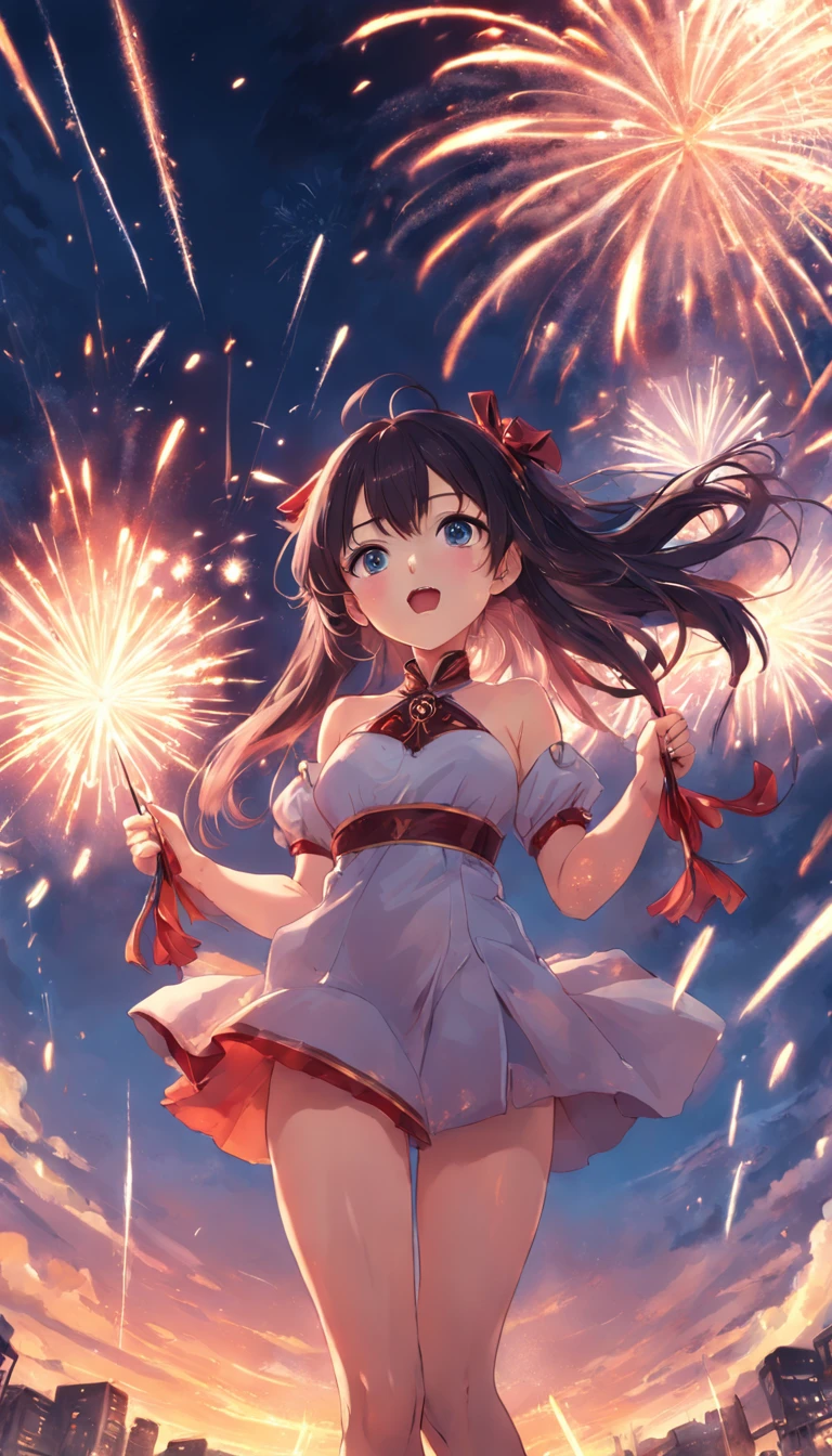 1girll,sparklers,fire works,daysies,Floating in the sky,closeup cleavage,brightly,cheerfulness,Warm and soft lighting,the sunset
