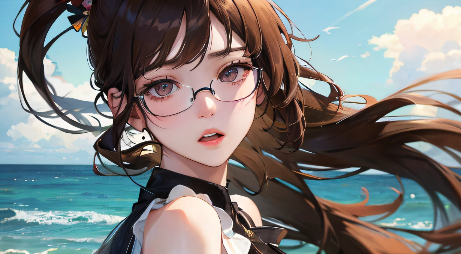 (((1人の女性)))、(Top resolution、Distinct_image) best qualtiy、​masterpiece、ighly detailed、Semi-realistic、Brown hair、eye glass、pony tail hairstyle、deadpan、bangss、21 years old、Seascape、Mature、年轻、sleeveless shirts、delicated facial features、Facial features、mid-shot、