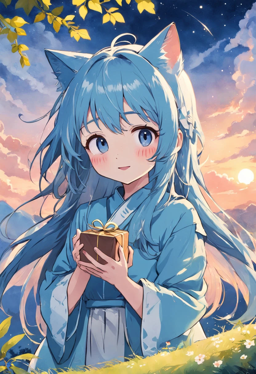 Linda acuarela Lindo gato feliz en caja de regalo , fondo azul cielo naturaleza, Dibujo lineal simple, Holly Hobby Style, fondo completamente blanco