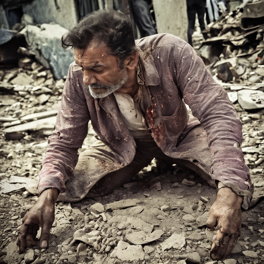 Um homem feio, muito machucado, sentindo muita dor, fallen on a battlefield, and there's blood on his face. There was an explosion and the dark ground is littered with rubble. Rosto de homem de 50 anos. rosto de dor. cabelo curto. The man is in pain.