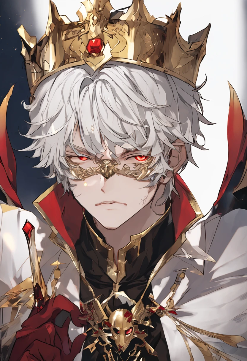 Thick acrylic illustrations on pixiv, lllustration,a handsome boy,white hair,red eyes,grim expression,one glass wearing a gold mask,gorgeous clothes,hand armor,dark background,high quality color matching,super rich details, 8K, best quality --ar 3:4: