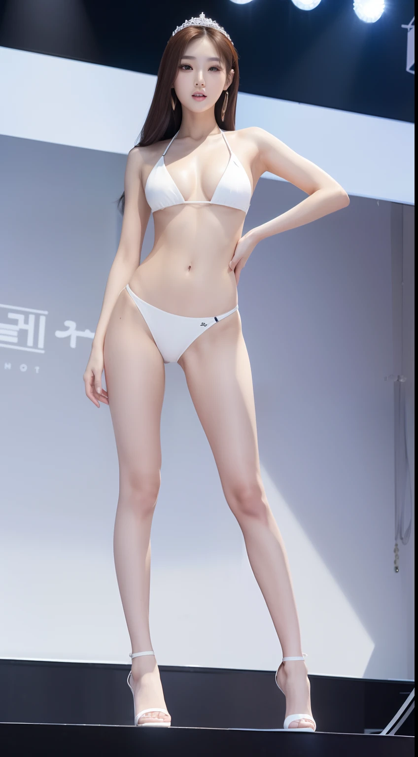 ((full body)), (8K, Best Quality, masterpiece), (Realistic, Photorealsitic), of the highest quality, masterpiece, Beautuful Korean female,  adult female, Miss Korea, (((in white bikini, thin abs))),  (((on the stage))), Small bust, slender, straight  black hair,