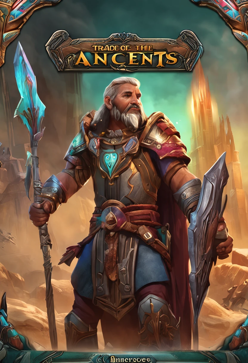 "Trades of the Ancients: a visually stunning trading card game template design with vibrant and eye-catching colors, intricate and meticulously crafted details that bring each card to life. Explore the realms of fantasy, collect powerful creatures, and engage in epic battles. Unleash your strategic prowess and immerse yourself in a world of unlimited possibilities."