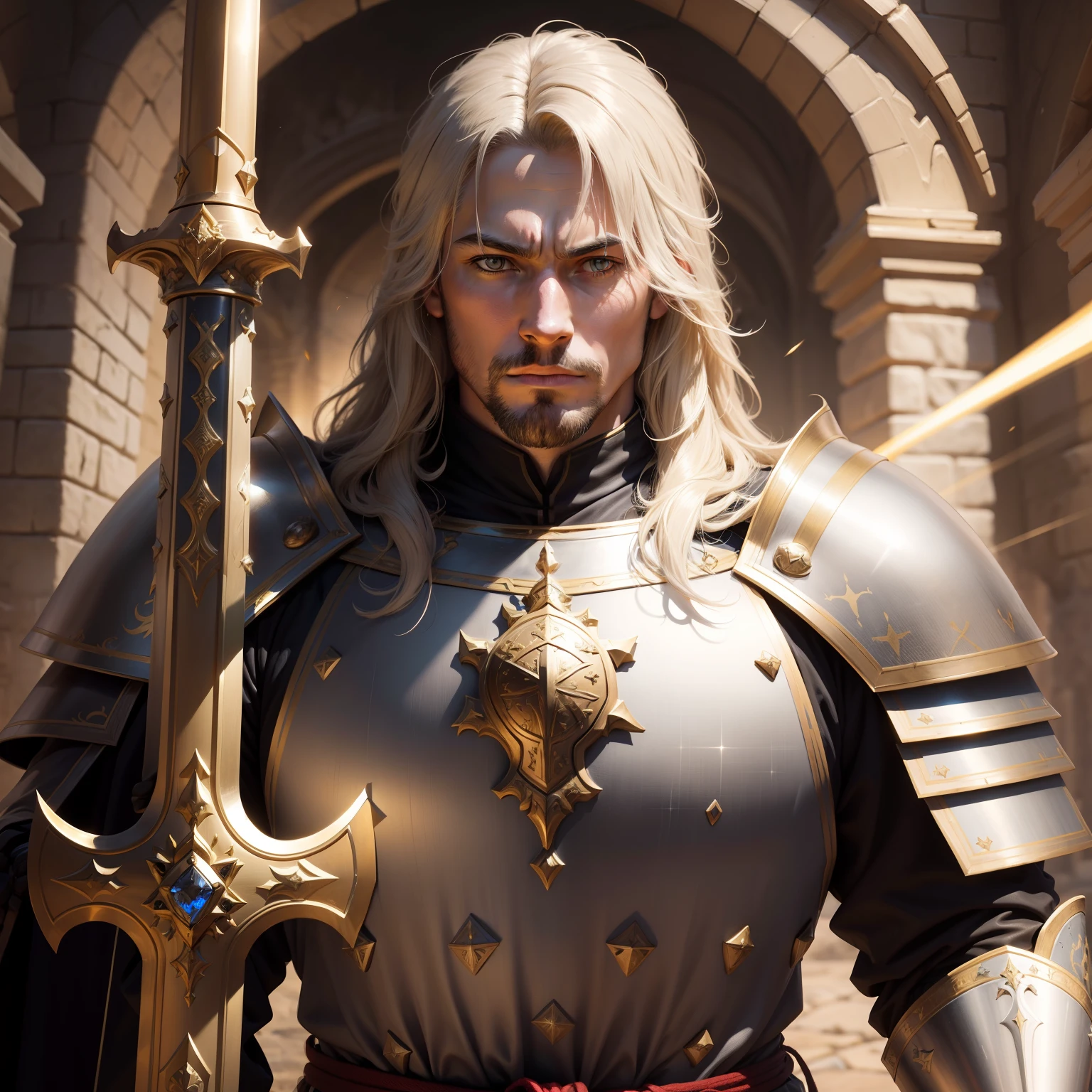 Highly detailed portrait of a royal knight,Heavy armor,epee,big sword,Cross sword,sword,golden colored,holy rays,god light,medieval times,Noble,setia,Solemn,epic fantasy digital art,devout,tmasterpiece,8K,high definition resolution,Detailed detail drawing,high qulity