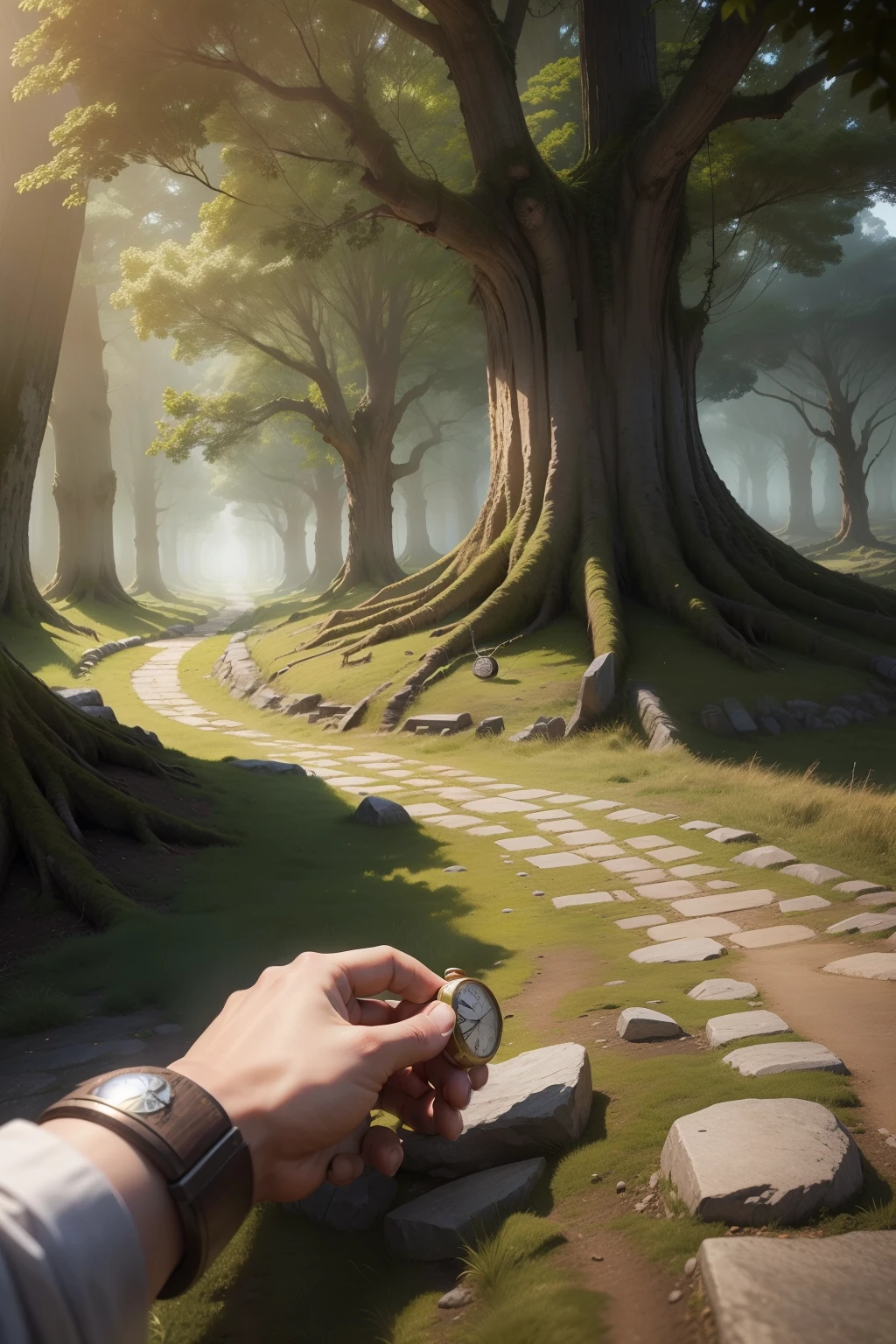 An ancient path of stones worn by the passage of time stretches ahead, surrounded by tall, majestic trees. Ao centro da imagem, A pair of firm hands holds an old pocket watch, with its visible gears and worn dials. Hands grip the watch with determination, symbolizing action and control over time.