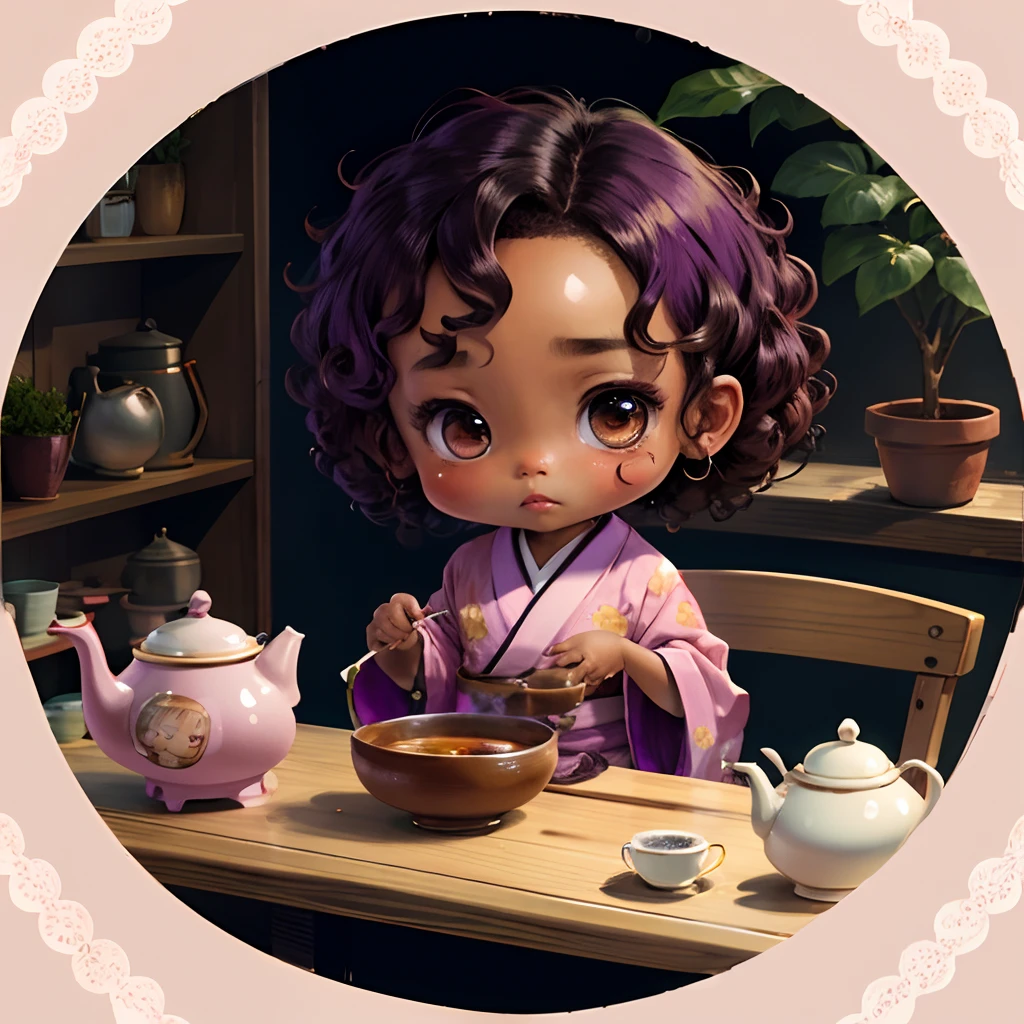 Cute brown skinned chibi anime, with freckles,purple and pink kimono, sit in the tea pot, drink tea, curly black hair, in a frame, full body