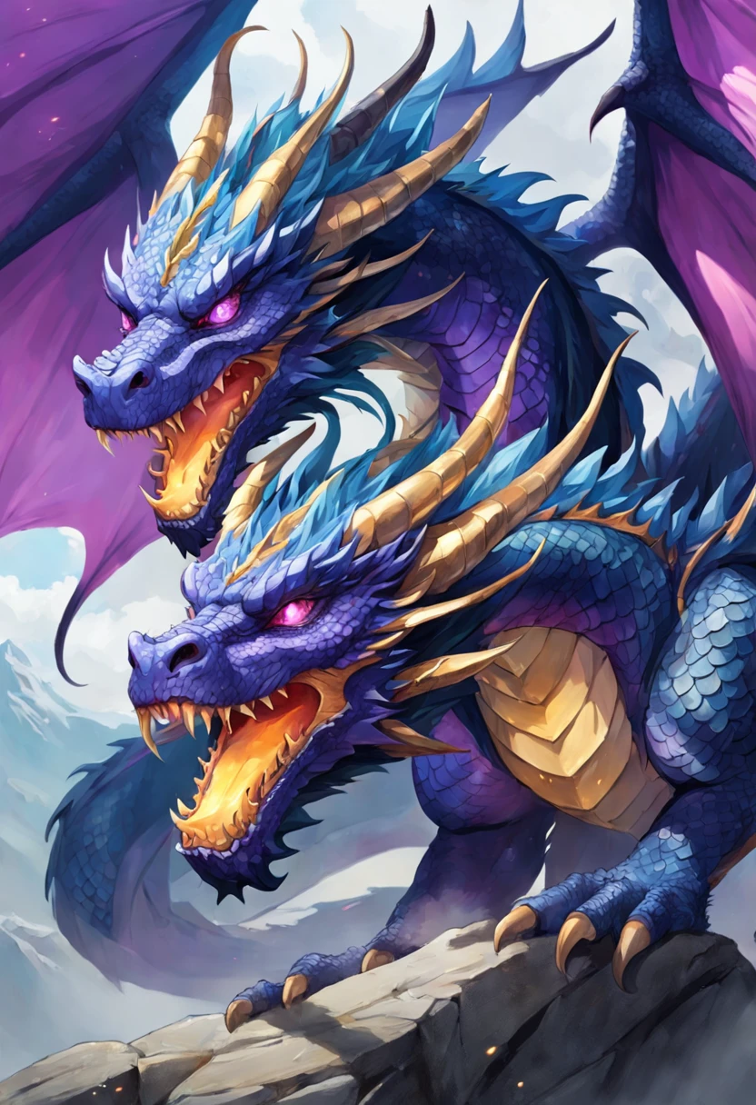 "Create an image of a majestic three-headed dragon, each head adorned with a distinct and vibrant color. The first head should be a blazing red, with fiery eyes and sharp horns. The second head should be a radiant yellow, boasting shimmering scales and visible teeth in a menacing roar. The third head should be a deep blue, featuring an intelligent and serene gaze that contrasts with the fierceness of the other two heads. The dragon's body should be regal, adorned with a combination of purple and golden scales, reflecting the royalty of its presence. Its wings should stretch out with an intricate pattern that blends all four colors, and its claws should be powerful and ready to protect its ancient realm. Let this creature inspire both awe and admiration, symbolizing the unique harmony of the colors it encompasses."