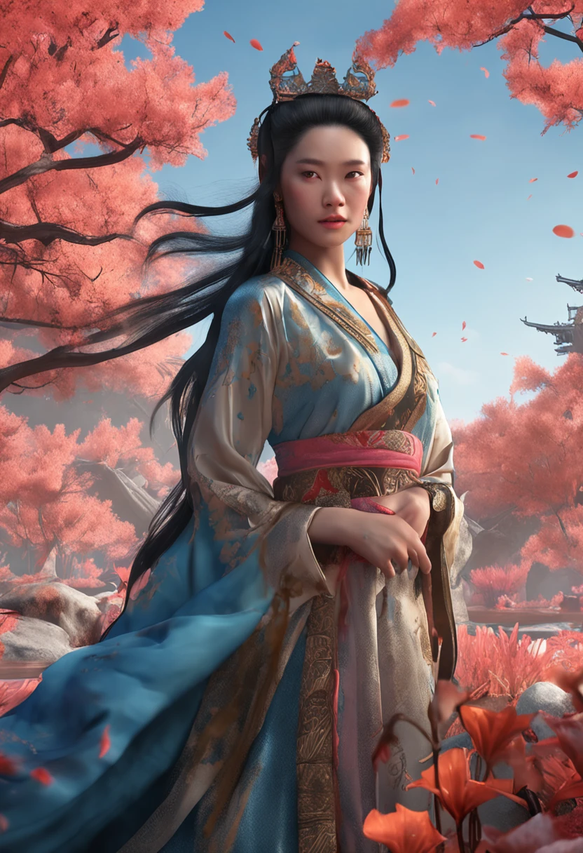 8k wallpaper，The is very detailed，illustratio，1个Giant Breast Girl，sky-bluehair，horse tailed，blue colored eyes，Quite upturned nose，Willow eyebrows，Forrest gump，exposed bare shoulders，Hanfu，lakes，pure，Crying face，bamboos，Embrace a black kitten，