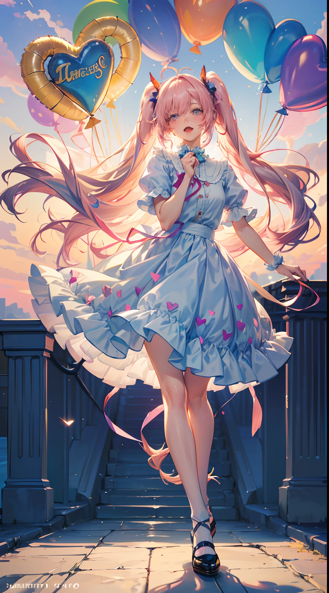 (fullbody, legs and shoes visible: 1.2)) expressive eyes, 1girl, pale skin, long hair, windblown hair, ((absurdly long hair)), long sidelocks, hime bangs, hair fringe, hair bun, ((very long twintails)), iridescent hair, light pink hair, blushing, full face blushing, big sparkling pastel purple eyes, (gradient eyes), open mouth smile, cute pose, ((holding balloons : 1.3))
((cute and pastel fashion)) ((🦄🎠🎈🎉 theme : 1.4)) flowy pastel dress, ((dreamy multicolored open dress)), (floating ribbons), lavender ruffles, pink frills, (light blue lace), detached short sleeves, puffy skirt, ((rainbows and stars print skirt : 1.3)), lolita skirt, purple bows, ((pompon ribbons hair ornament : 1.4)), multiple bows, striped lace stockings, (heart shaped leg garter), cute (pastel purple) shoes ((hyperdetailed clothing and fashion)) looking at you, vintage girl, blushing, (beautiful detailed eyes), (extremely detailed CG unity 8k wallpaper) (best shadow), ((an extremely delicate and beautiful)), (detailed light), ((depth of field)) big head, big sparkling eyes, moe, splash art, cinematic lighting, frontal view, volumetric lighting maximalist photo illustration 64k resolution high res intricately detailed complex key visual precise linear
((in the dreamy pastel sky background, surrounded by sunset clouds, shooting stars, castles in the clouds)) ((hyperdetailed scenery, foggy clouds, suspended by balloons, hearts : 1.3))