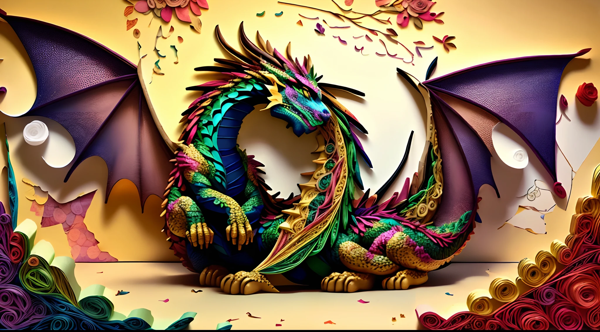 a dragon, flowers, golden glitters, multi dimensional quilling paper, art, beautiful, colorful, Masterpieces, top quality, best quality, official art, beautiful and aesthetic,((16k ultra realistic))