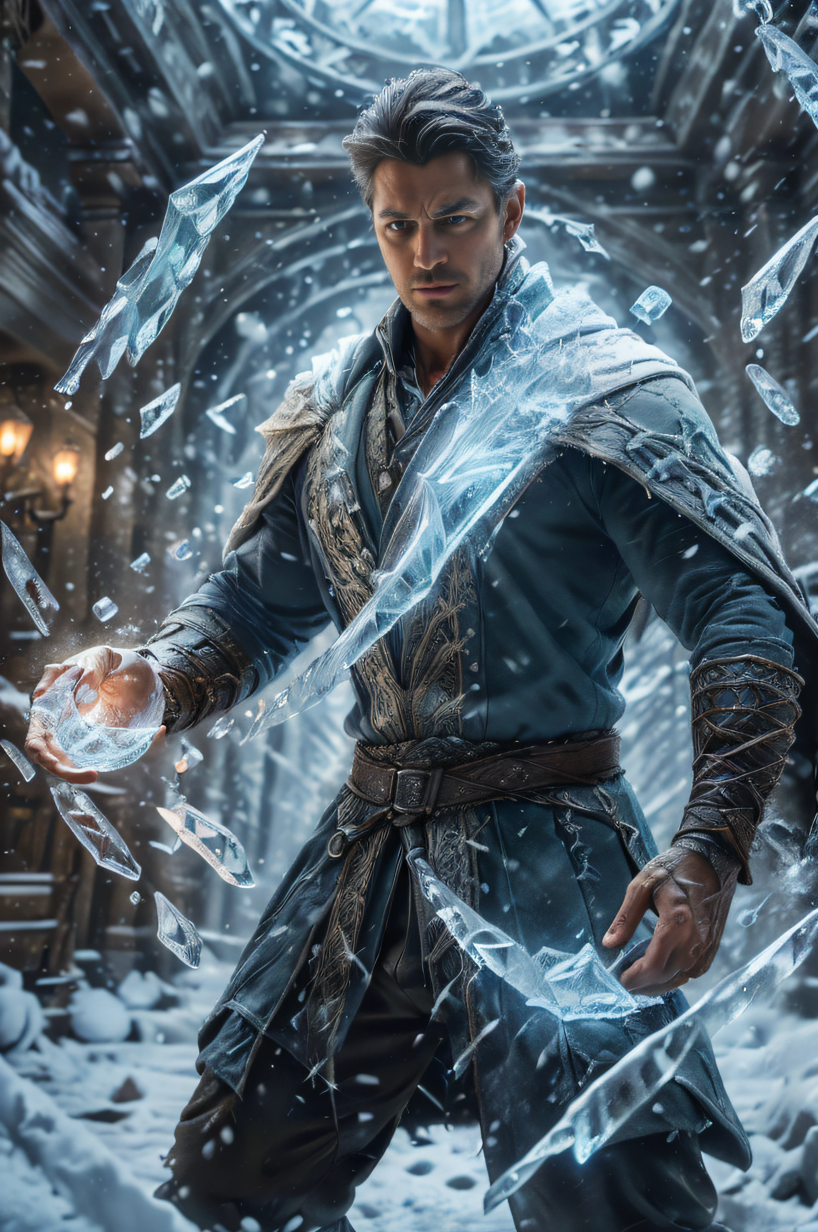 realistic, ((masterpiece)), ((best quality)), (detailed), cinematic, dynamic lighting, soft shadow, detailed background, professional photography, depth of field, intricate, detailed face, subsurface scattering, realistic hair, realistic eyes, muscular, manly, photo of a handsome man, ice-shard, snow, magic, dynamic pose, indoors, cape, braid hair,