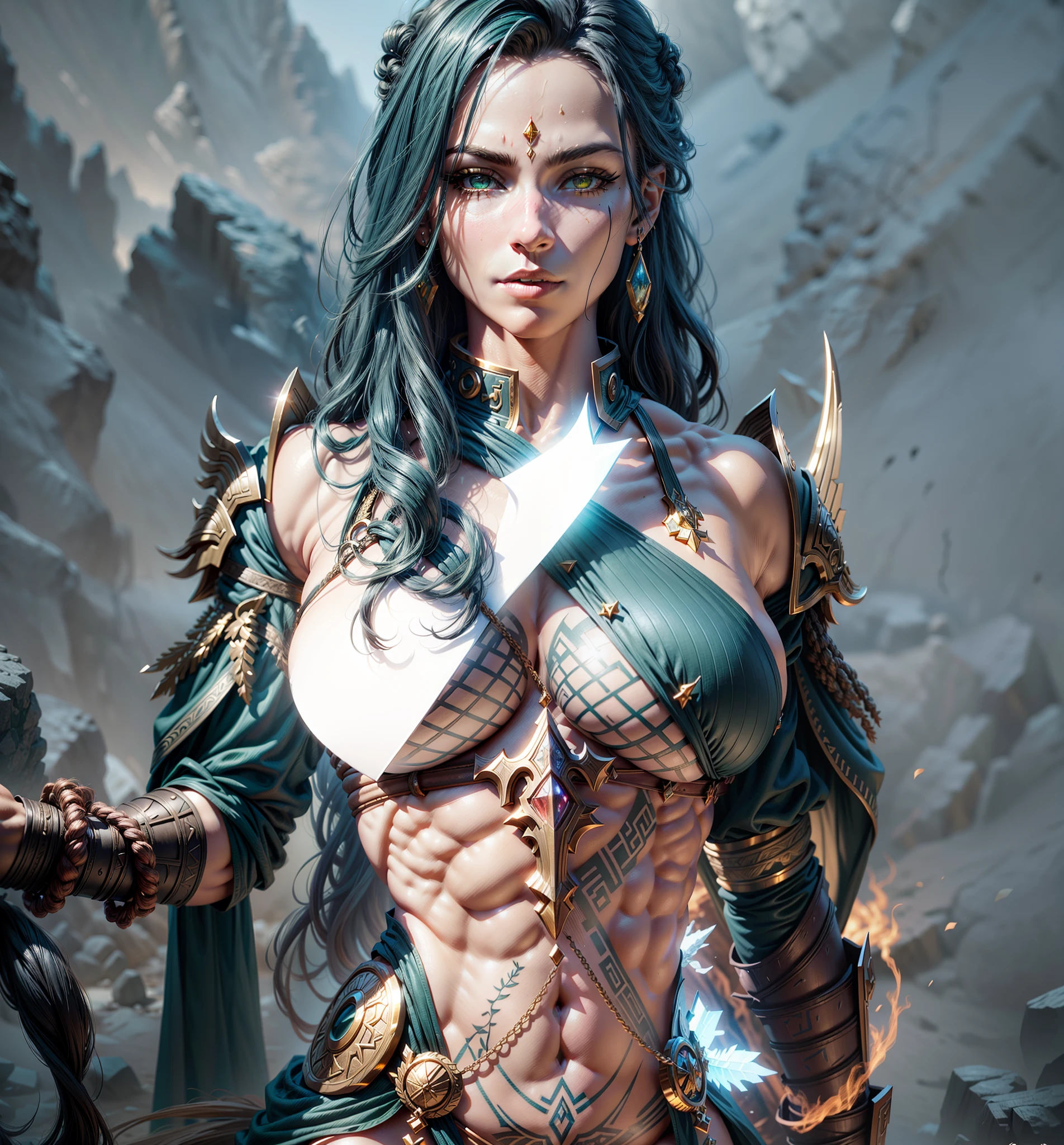 Asgard，valkyrie，Senhora Cavaleiro，Anatomia correta，epic fantasy digital art，tmasterpiece，8k，high-definition resolution，desenho detalhado，Qulidade Superior，, Epic composition, músculous body, tattoo on the muscular abdomen