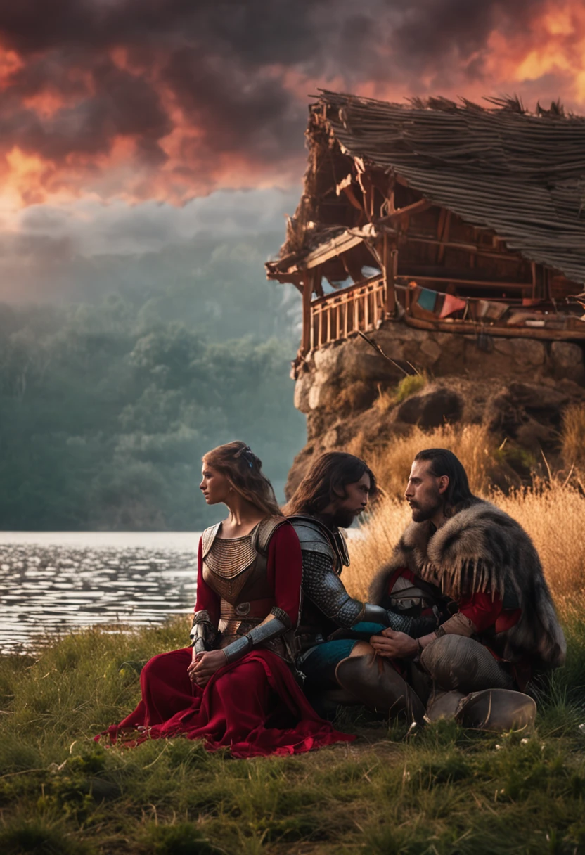 A man warrior in armor and a woman in a long dress with sleeves look at each other, sitting on the shore of the lake