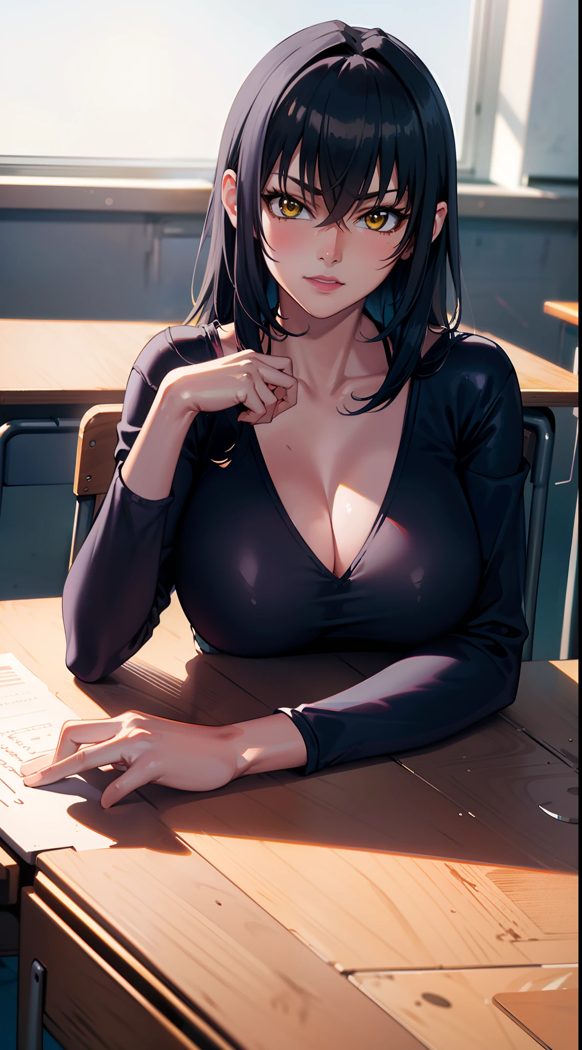 professional artwork, Intricate Details, field of view, sharp focus, detailed painting, photorealistic lighting, trending on pixiv,(masterpiece:1.0),(best_quality:1.0), ultra high res, ultra-detailed, photography, 8K, HDR, highres, absurdres:1.2, Kodak portra 400, film grain, sharp focus, bokeh:1.2, lens flare, (vibrant_color:1.2), (((indoors, classroom, classroom details, sitting on chair, perfect anatomy sitting, leaning to table))), Annerose, 1girl, female mature, black hair, long hair, (yellow eyes), large breasts, fully dressed, higheels, skin tight, hair intakes, cleavage, (solo:1.4), (upper body, half body shot),
