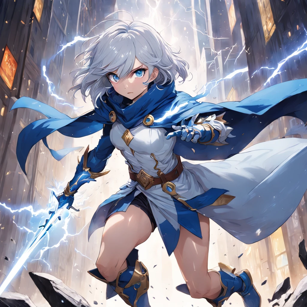 18 year old asian woman, Right eye is blue, The left eye is black, different eye colors, (Dagger in left hand), The power of the dagger lightning, Right arm gauntlet, The gauntlet has the power of the wind, blue cloak, Blue muffler, White shirt under blue cloak, white short pants, thighs thighs thighs thighs, Pommel boots, Light clothing with an emphasis on speed、 (A dark-haired), shinny hair, Pupil mismatch, Scleral mismatch, chromatic abberation, negative space, Tachie, 85 mm, canon, nffsw, ​masterpiece, tre anatomically correct, Skin Texture, super detailing, high détails, hightquality, awardwinning, top-quality, hight resolution, 8K, hard disk, black hair, twintails, Surrealism, tachi-e, negative space, from behind, UHD, masterpiece, anatomically correct, textured skin, super detail, high details, award winning, best quality, 16k