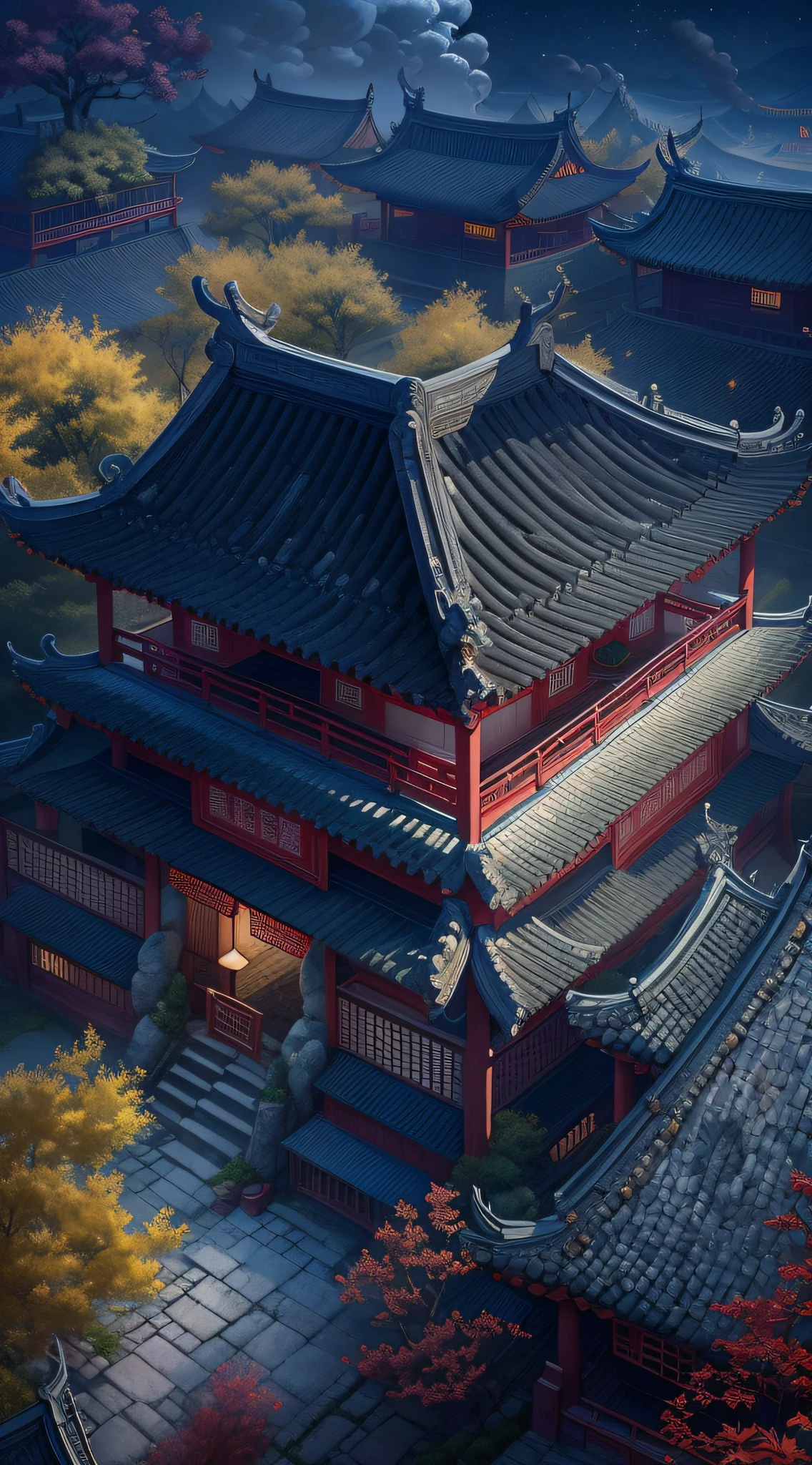 Rendering in surreal CG ancient China,Jiangnan ancient buildings and ancient towns have Yaolin wonderland。viewed from bird's-eye,the night,The stars are bright,The smoke is fascinating,Maple leaves and milk leaves are trees。snow landscape。k hd