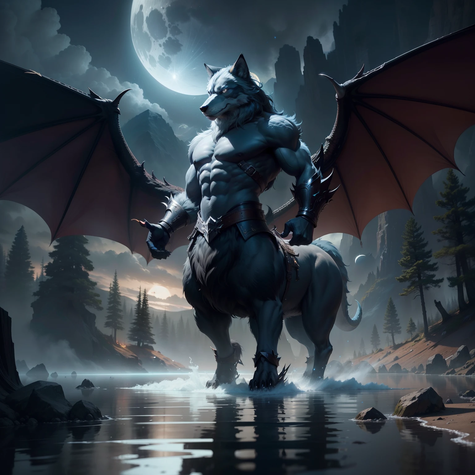 4k hd matte digital painting, hyper realistic fur, highly realistic photograph, cinematic full body shot,, volumetric fur, ultra-realistic picture, Make a gesture of majesty, hyperreal rendering,A combination of mythical creatures, The perfect combination of wolf and dragon,huge tit