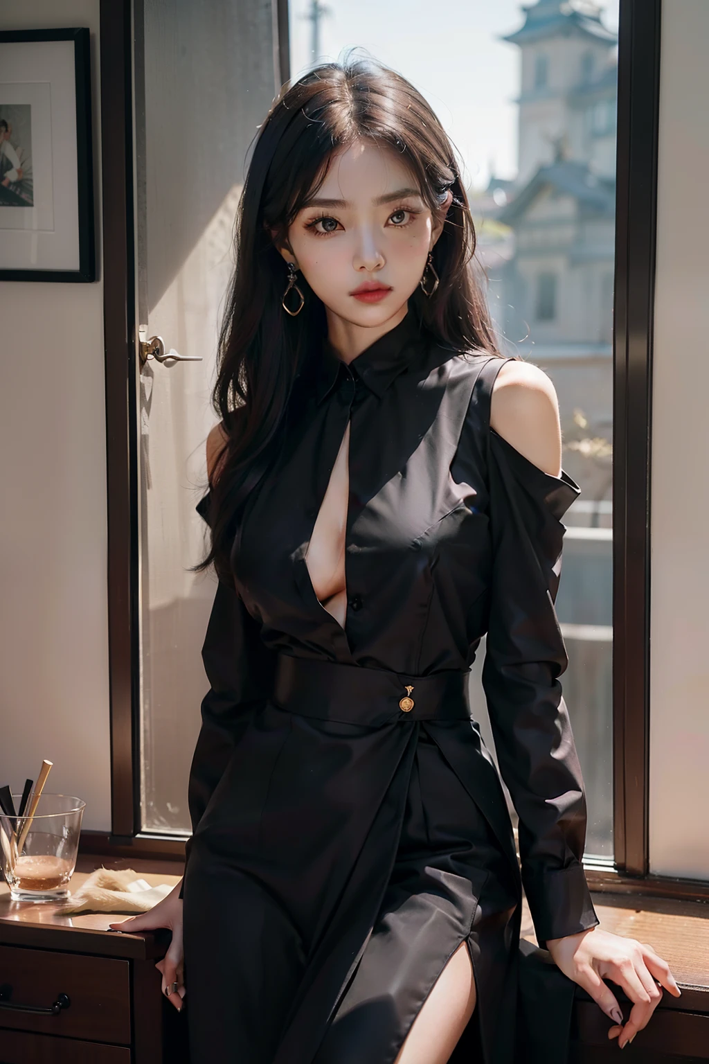This domineering president has a tall female posture,with a well-proportioned body。She wears a well-tailored black suit,The placket is tightly buttoned together,Perfectly outlines the slender waistline。The details on the suit show both professionalism and taste,Makes her an indispensable presence in the office。She wears it with a white shirt,Tucked neatly into black suit pants,The hem of the garment draws a smooth line around the waist。A pair of black high heels held up her slender legs,Exudes confidence and elegance。Her ankles are slender,Impressive。Her hair is carefully combed into silky wavy shapes,Naturally drapes over both shoulders,Exudes a faint aroma。(highy detailed,High detail,high detal,Her makeup is light and delicate,Emphasize her facial contours,Deep eyes with slightly accentuated eyeliner,Make her eyes appear sharp and powerful。Her lips were smeared with a touch of rose-red lipstick,Highlight her temperament and unique charm。In terms of accessories,She wears a delicate watch,glowing with silver light,Precise and noble。She wears a pair of simple and gorgeous earrings on her ears,Goes well with her overall image。Additionally,She also wore a snow-white and shiny engagement ring,Exudes enduring love and power。This domineering president woman is known for her neatness、Restraint and a sense of fashion look confident and outstanding outside the office。Her demeanor is refined、Charming yet capable,Navigate every scene of the office with a unique style。
