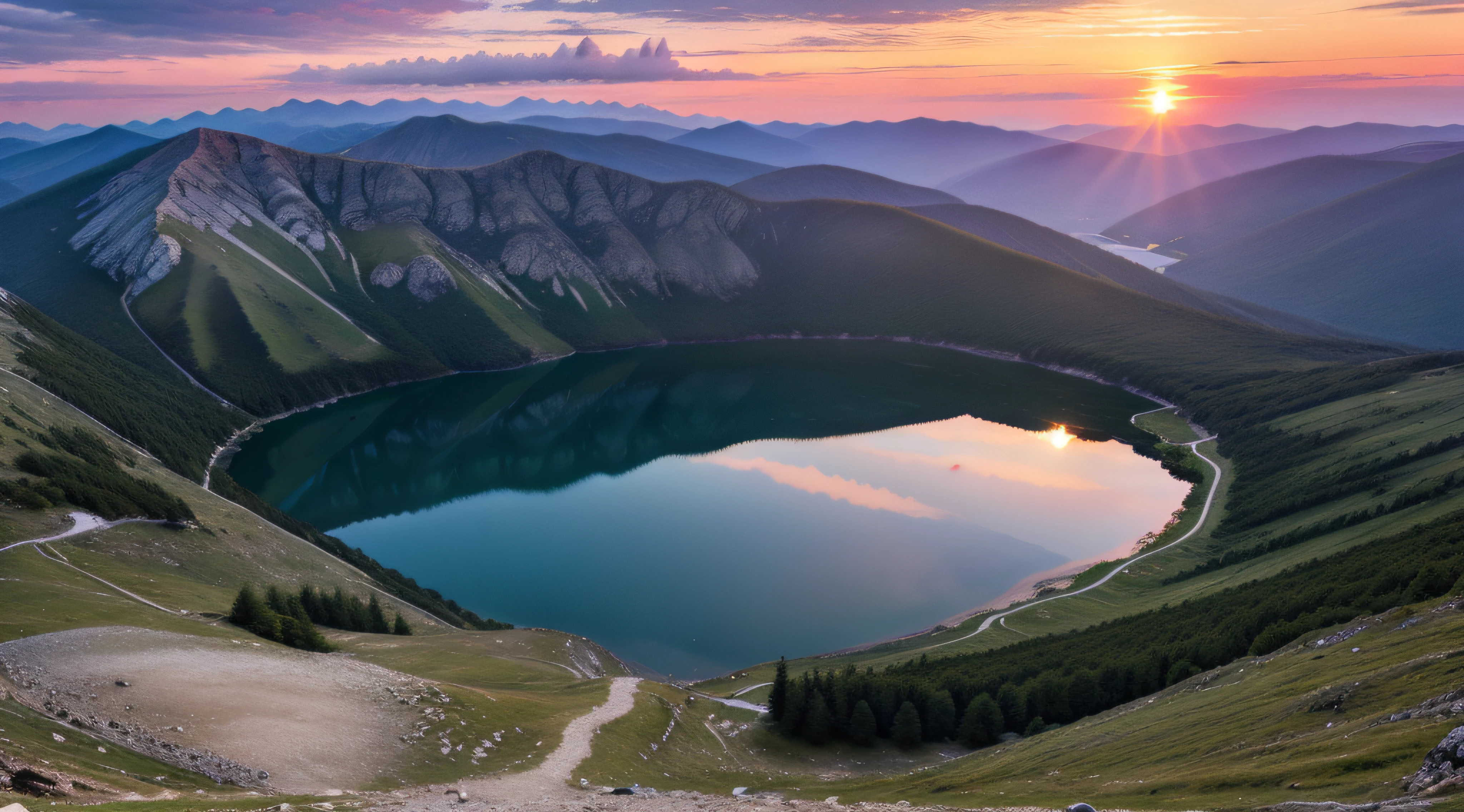Sunset on mountain, lago sob a montanha, sem casas e pessoas