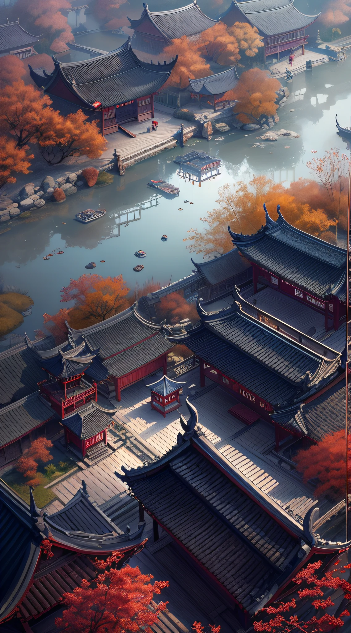 Rendering in surreal CG ancient China,Jiangnan ancient buildings and ancient towns have Yaolin wonderland。viewed from bird's-eye,the night,The stars are bright,The smoke is fascinating,Maple leaves and milk leaves are trees。snow landscape。k hd