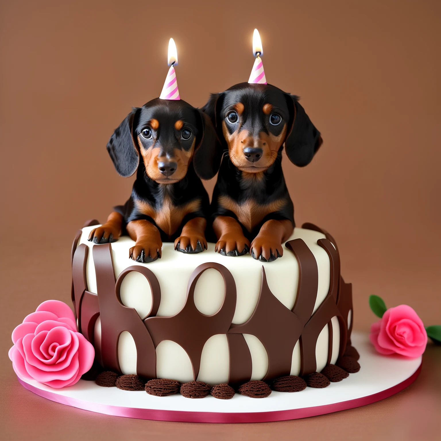 Brown miniature dachshund、a cake、happy birthday、Birthday、birthday celebration、Lit 27 candles