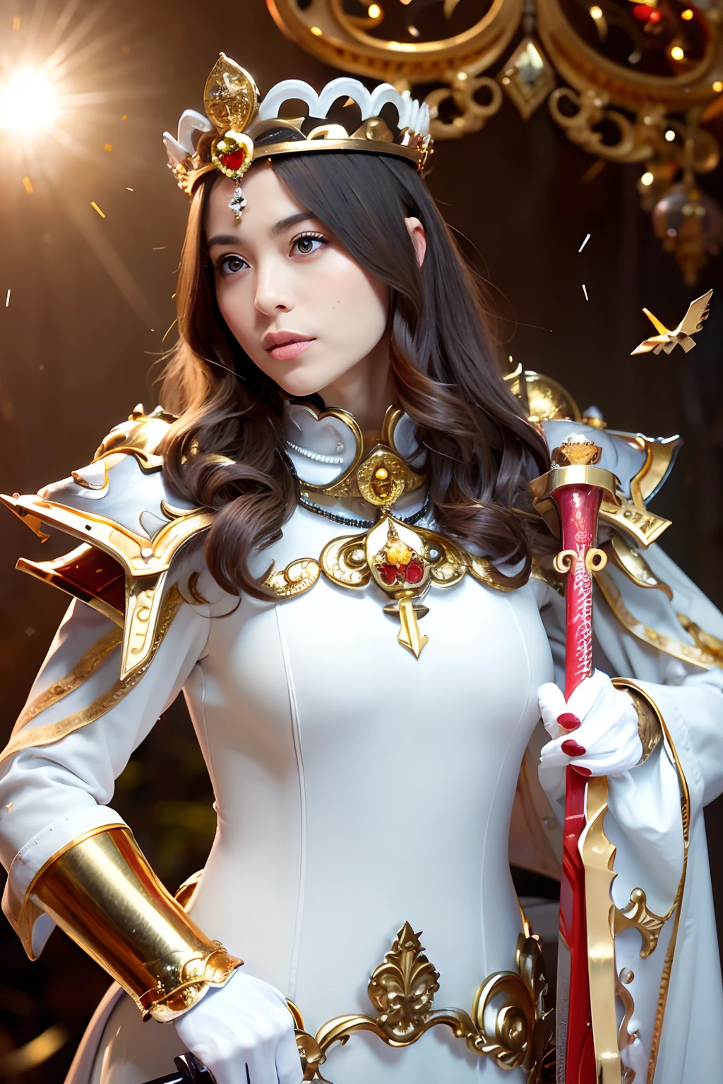(masutepiece), Professional , masterpiece、top-quality、photos realistic , depth of fields ,(Wind element),tornado,lightning,(Gemstone Silver Metal Body:1.9),(Matte White、 Gold Weapon_(Metal:1.4),Gorgeous metal weapons , Detailed Sword of the Brave , Beautiful knife ,warhammer 40k , adepta sororitas,Detail and ornate jewel crown、Brown hair、Gangle's forest background、Beautiful Caucasian beauty、1a person、dynamic ungle,(((Detailed and ornate diamond crown)))、Particles of light、