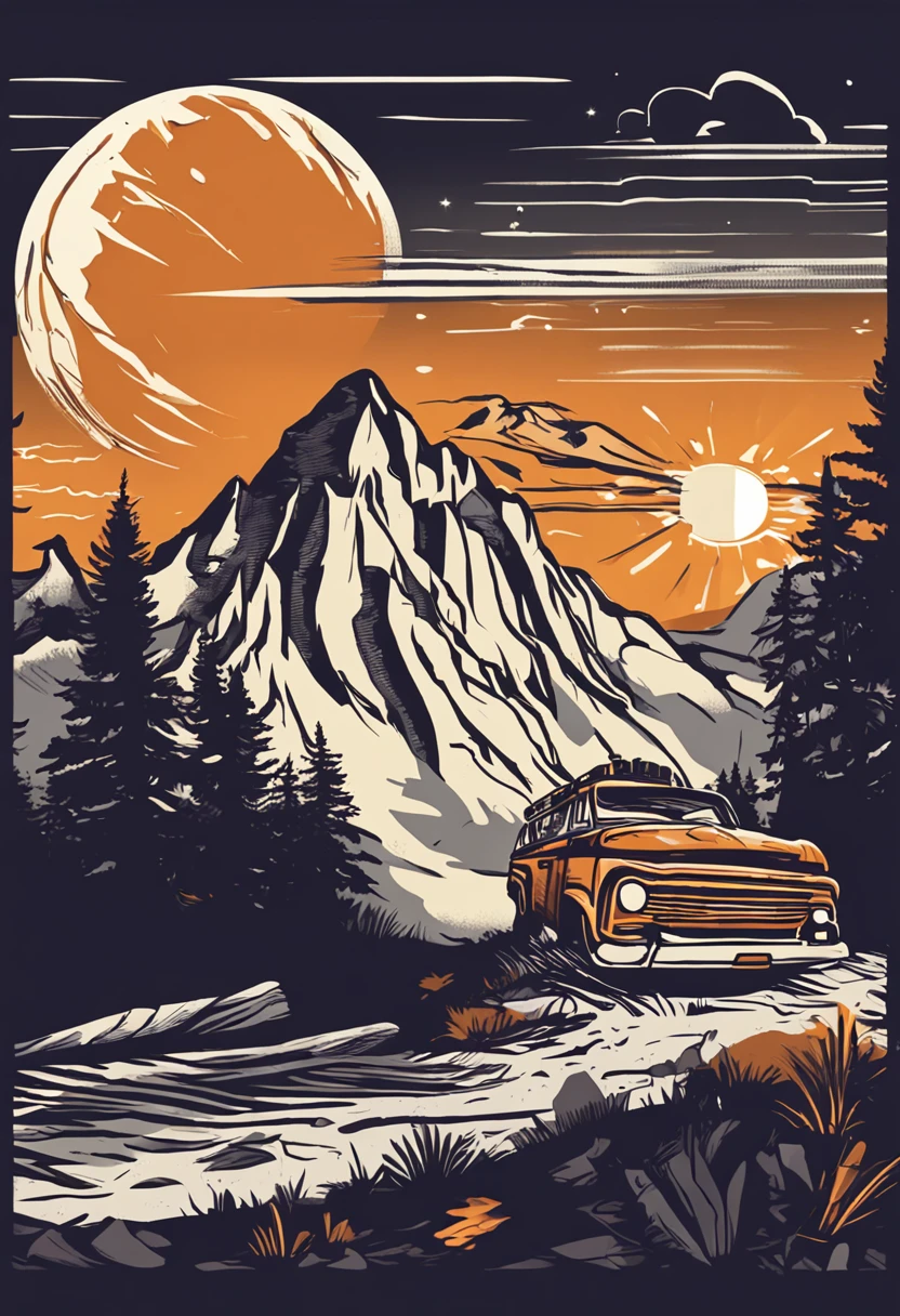 print ready vector t-shirt design, adventure scene with explorer, with beautiful nocturnal sun and mountain in the background, clean white background, professional vector, full shot, 8K resolution, deep impression illustration