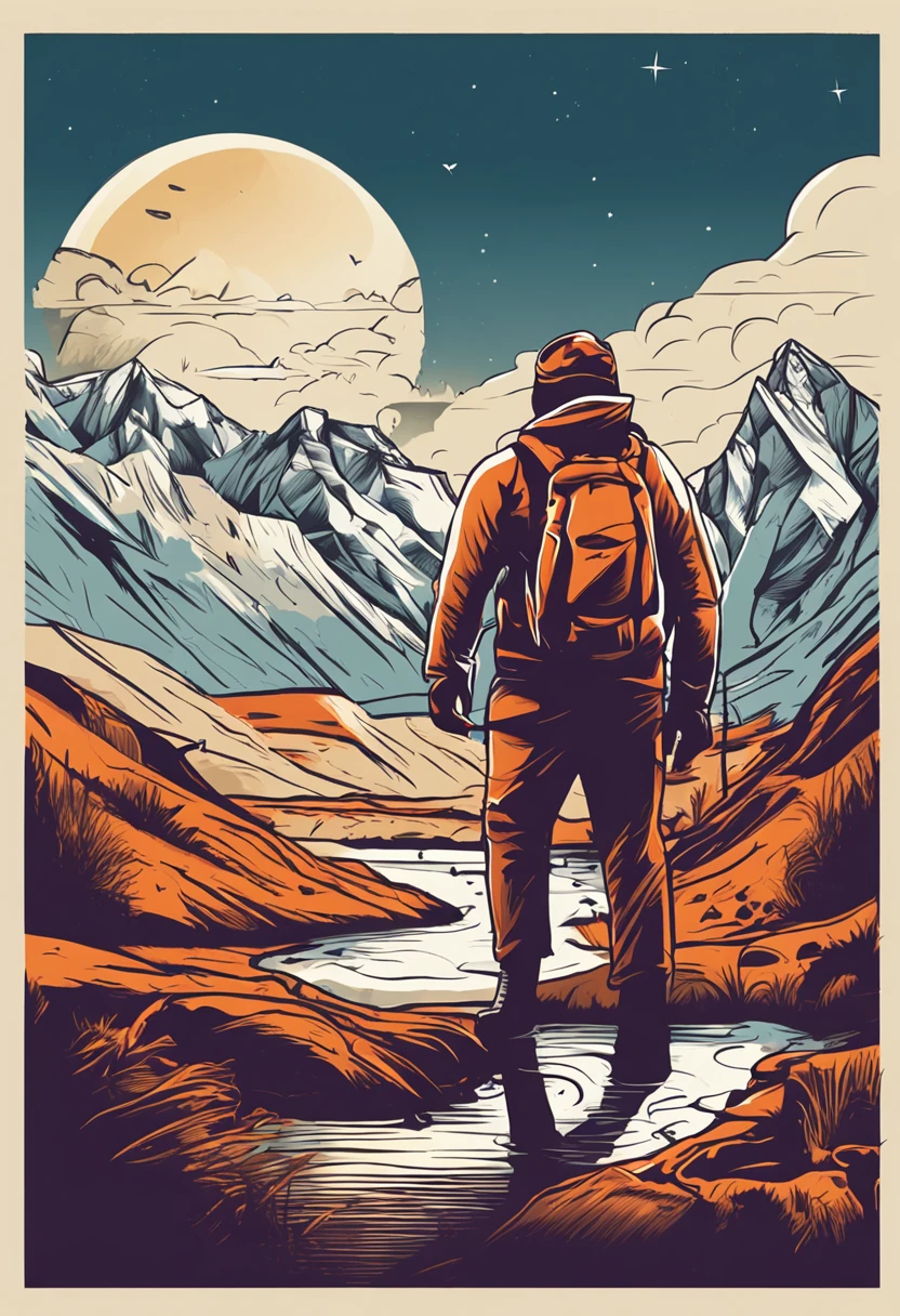 print ready vector t-shirt design, adventure scene with explorer, with beautiful nocturnal sun and mountain in the background, clean white background, professional vector, full shot, 8K resolution, deep impression illustration