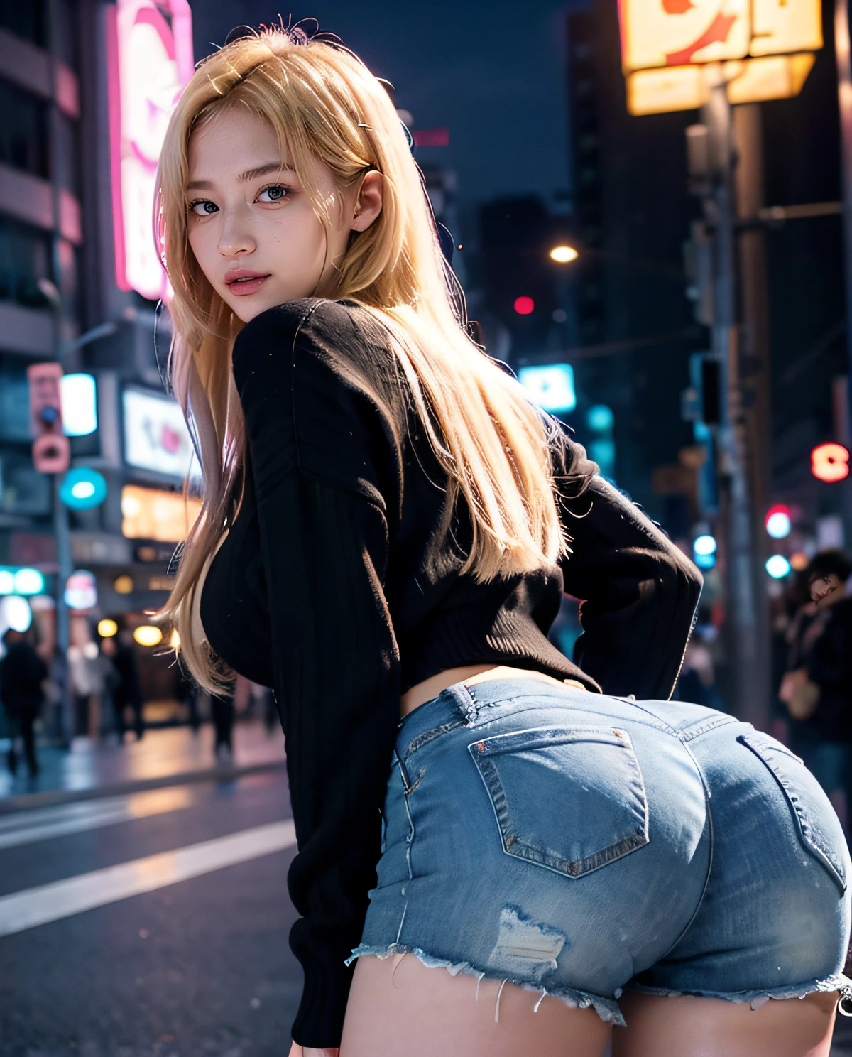 1girl, (pink Eyes), laughing, (Sana Minatozaki), wide hips, Big Boobs, big ass, (Best Quality, 8k, Masterpiece: 1.3), Clear Focus: 1.2, Perfect Body Beauty: 1.4 , Slender Abs: 1.2, Highly detailed face and skin texture, detailed eyes, double eyelids, (blonde long hair), (jeans shorts), (black wool sweater), showing the ass, in a tokyo city at night, illuminated by signs