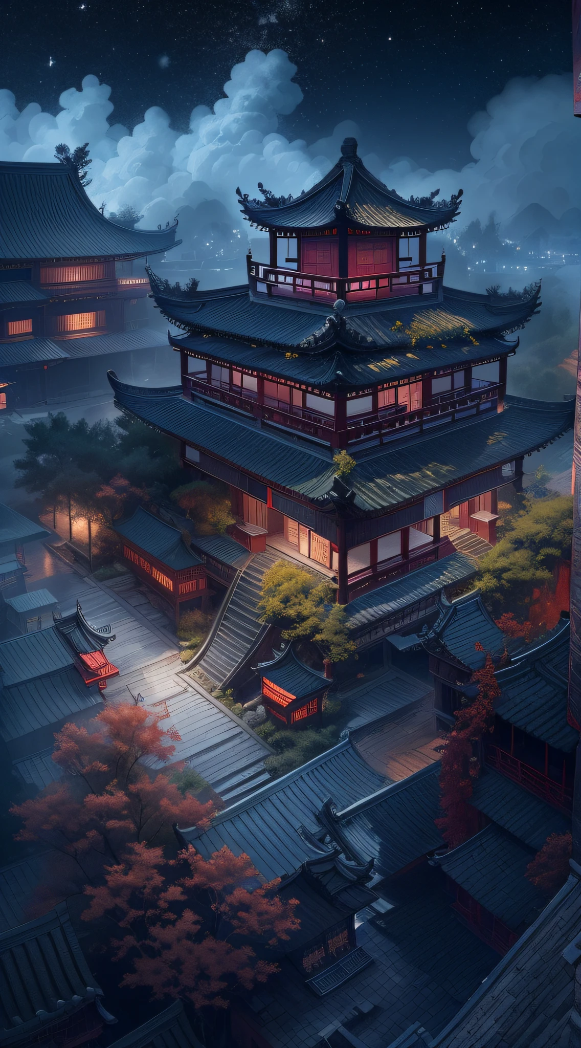 Rendering in surreal CG ancient China，Jiangnan ancient buildings and ancient towns have Yaolin wonderland。viewed from bird's-eye，the night，The stars are bright，The smoke is fascinating，Maple leaves and milk leaves are trees。snow landscape。k hd