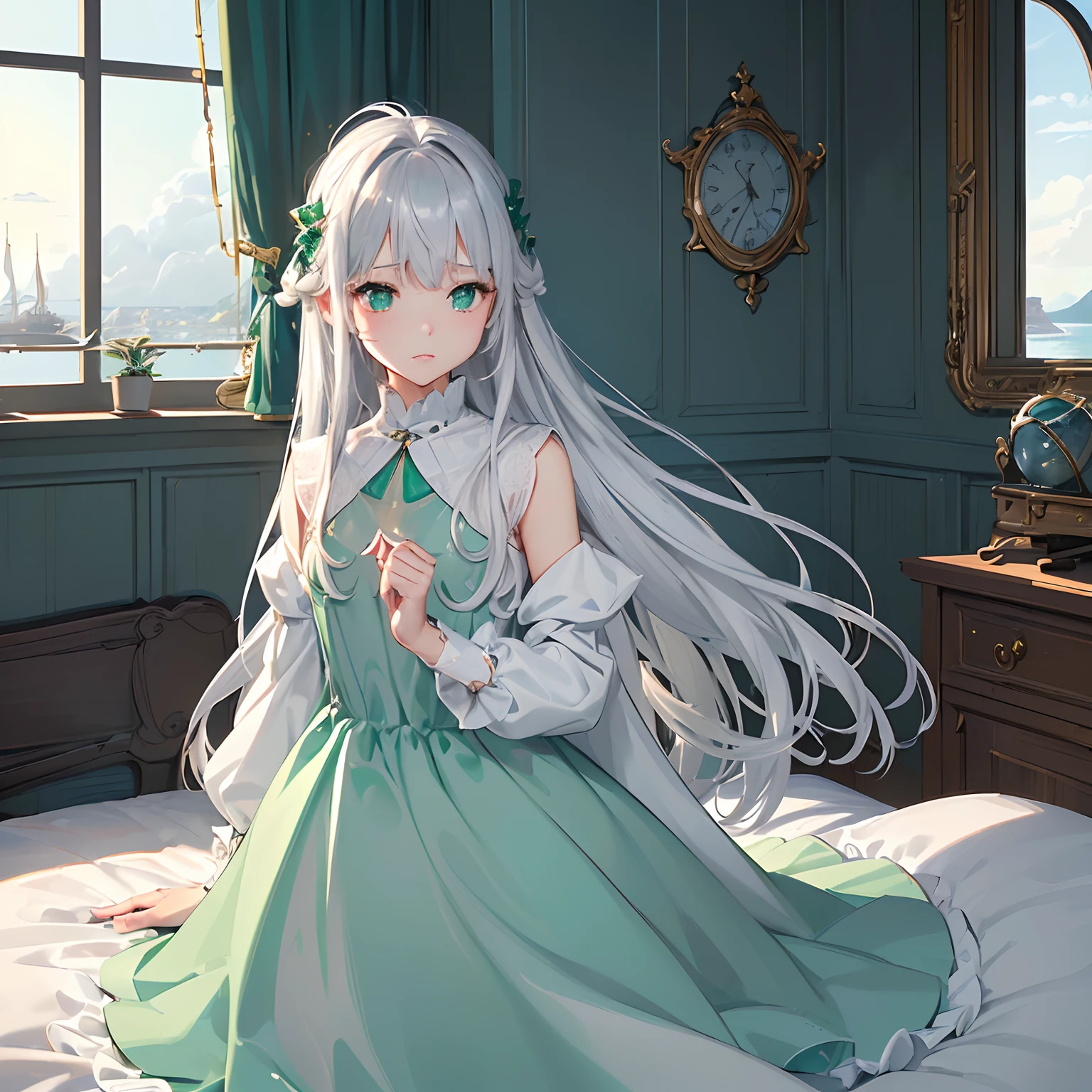 masterpiece、top-quality、High-quality images、8K、 ((Background with、Accurate perspective、line-drawing、Contour extraction、colourfull、Moderate shading、Medium omission:1.4)) ((Ana's Bedroom、Stylish bay window with sea view、Very bright lighting、On the wall4Photo、a bed、typical:1.3)) announcer((Has the ability to manipulate the darkness of the mind at will、Sleep peacefully when Leo is not around、pure、with light glowing、Little crybaby、Semi-long silver hair、Emerald green eyes、Slimed、Balanced proportions、Fashionable dresses selected in the costume room、Leo's Advisor、Freedom of action、Try to convey your thoughts:1.5))、、、I am Leo、announcer、Was this all right?、Is there any benefit from Leo's little learning how to write prompts?