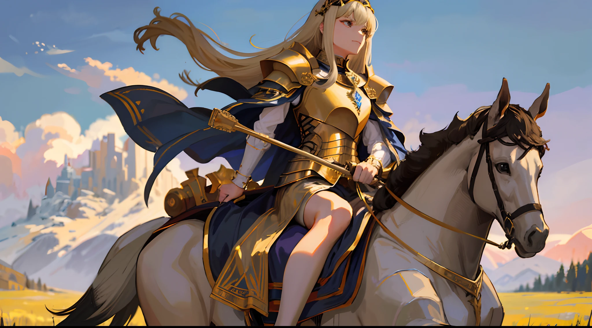 Portrait of a knight of the royal nobility,Headband crown,Dignified,ellegance,Determination,Strong,wearing golden armour,Ride on white horseback,holding a longsword,Standing on the Grassland