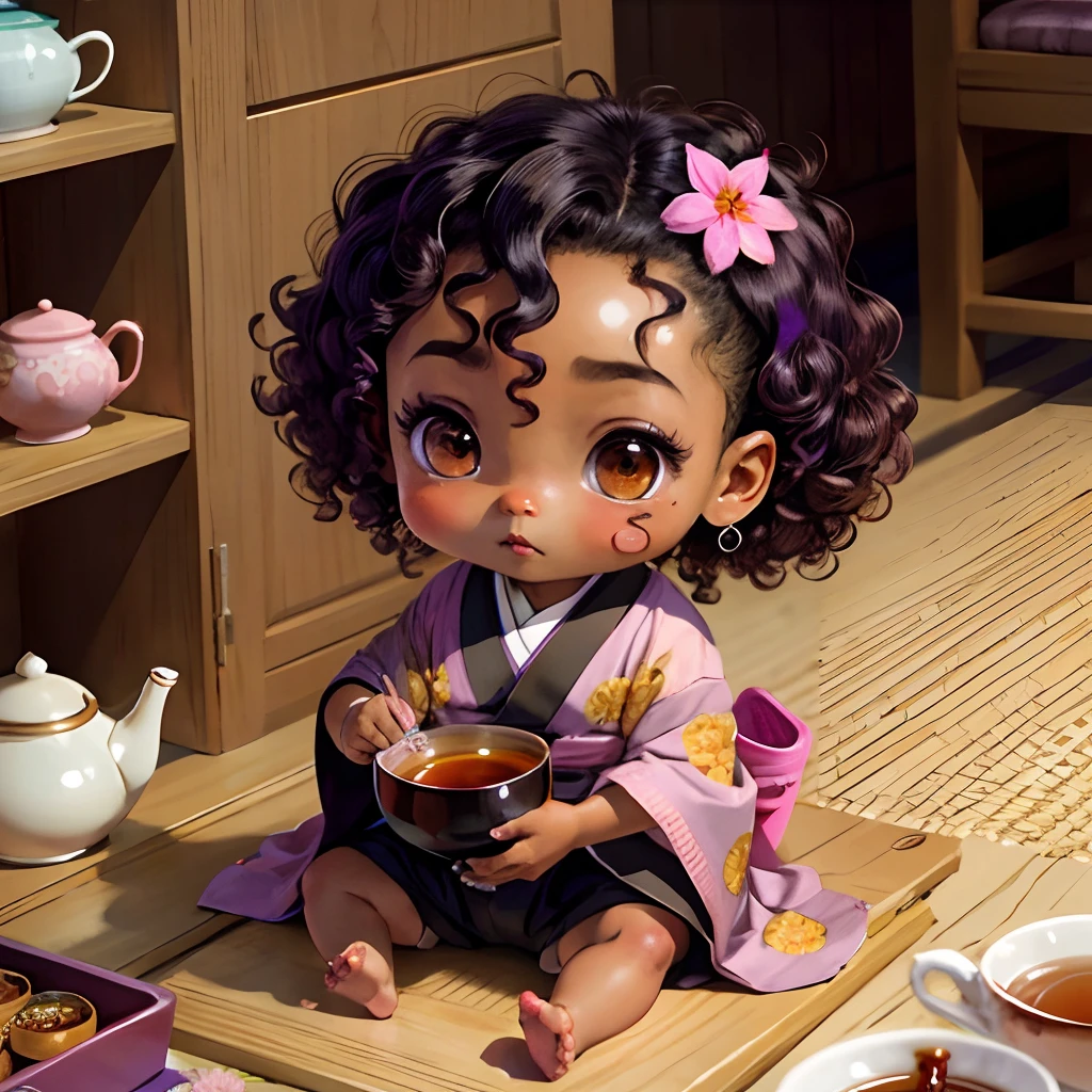 Cute brown skinned baby chibi anime, with freckles,purple and pink kimono, sit in tea cup
