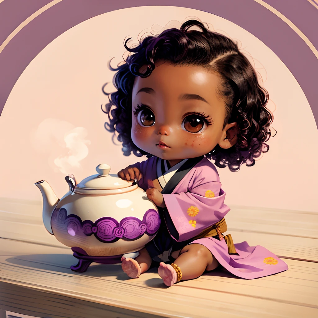 Cute brown skinned baby chibi anime, with freckles,purple and pink kimono, sit in the tea pot, drink tea, curly black hair, in a frame, full body