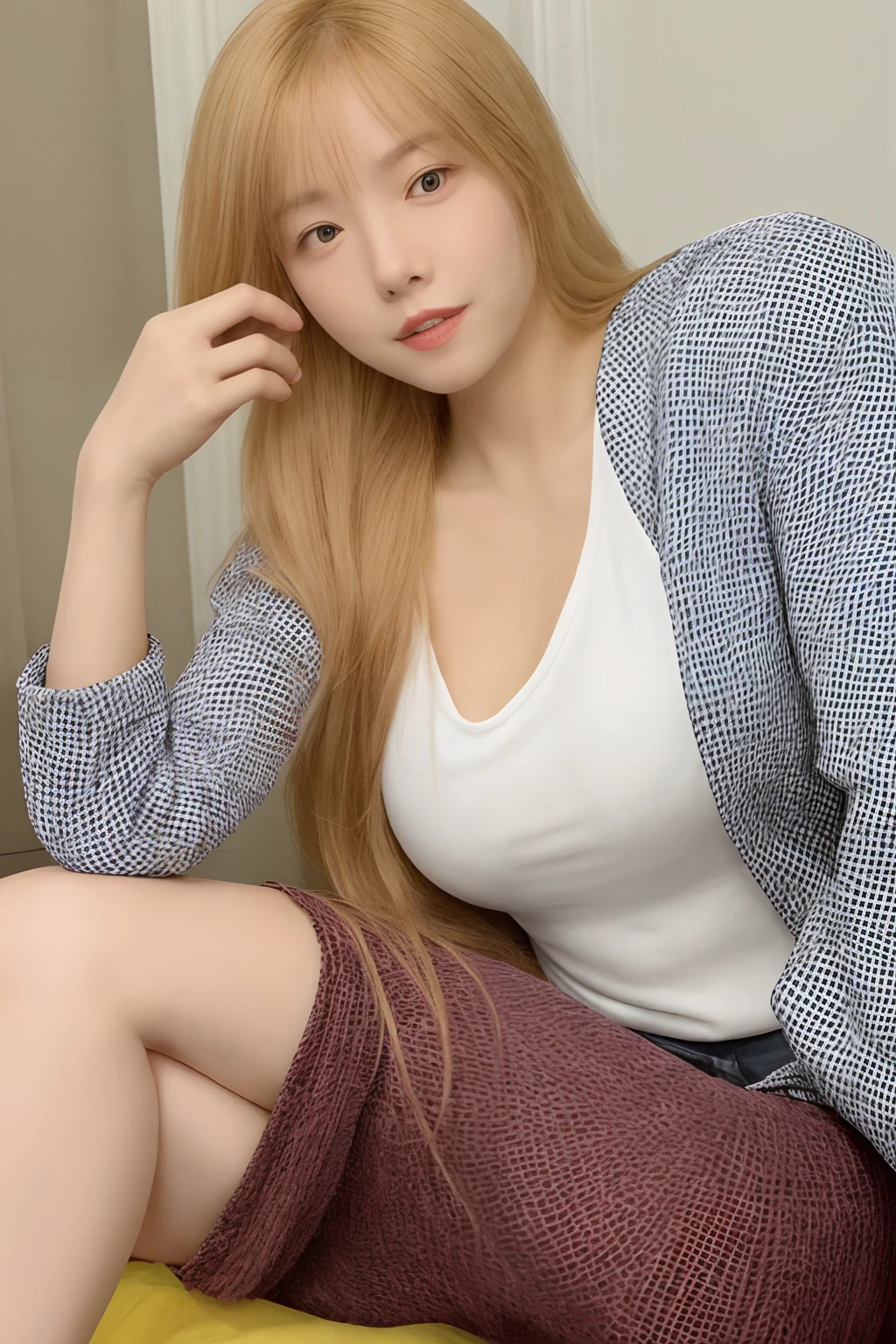 (8k, raw photo), film grain, ultra high res, ultra-detailed, (ultra skin details),incredibly absurdres, strong rim light,Asian, slim girl, seductive smile, stare, small breasts, tattoo, braided hair, blonde hair, ((light brown hair)), (photorealistic:1.3) sunlight,1girl, instagram, outdoors, (black shirt:1.2), (((city))),(extremely detailed face), (bangs),bare body