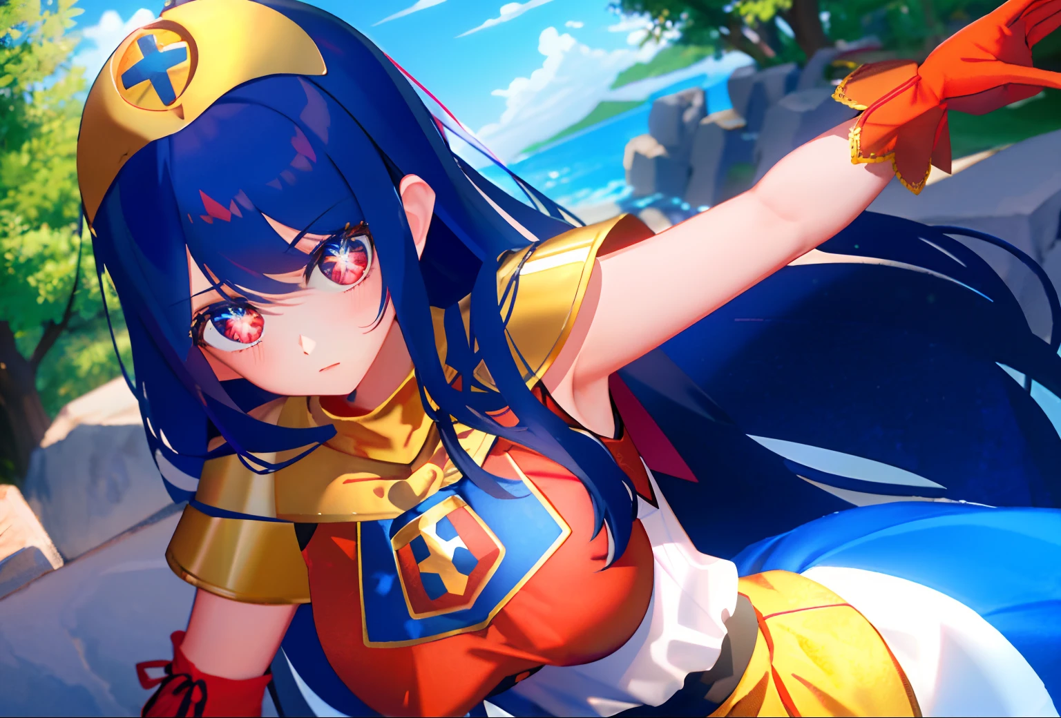 (Beautiful detailed eyes), (Beautiful detailed face), (Masterpiece, Best quality:1.1), priest \(DQ3\), 1girll, Solo, Long hair, (Blue hair), (Red eyes), (Mitre), (tabard:1.4), (Cross-print), (Orange elbow gloves), Huge breasts, Holding, Golden Hoop Stick, Nature, Blue ...