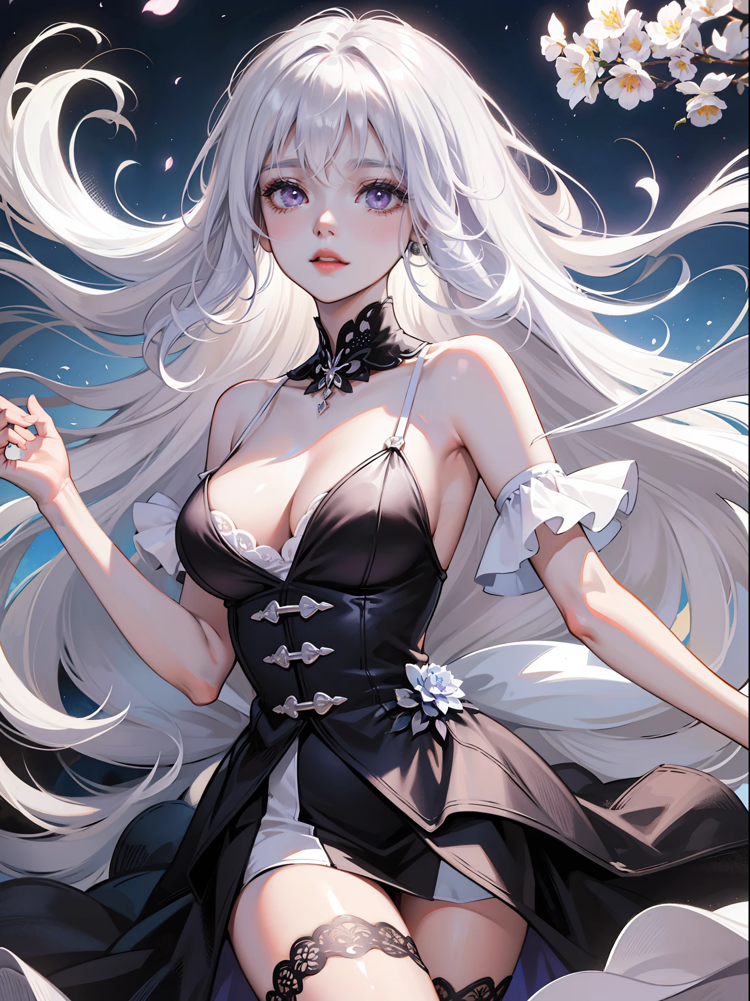 A young girl lying on various flowers,long layered silvery white hair,Long hair scattered,Long fluffy hair,Light purple eyes,Black dress,Shoulders exposed,The feeling of the wind blowing,the night,The background is full of flowers,Flowers fill background,Lying on various flowers,Light,jewelry,Cinematic lenses,Light,atmosphere,Drawing,Full-HD,Ultra detailed,carefully drawn,